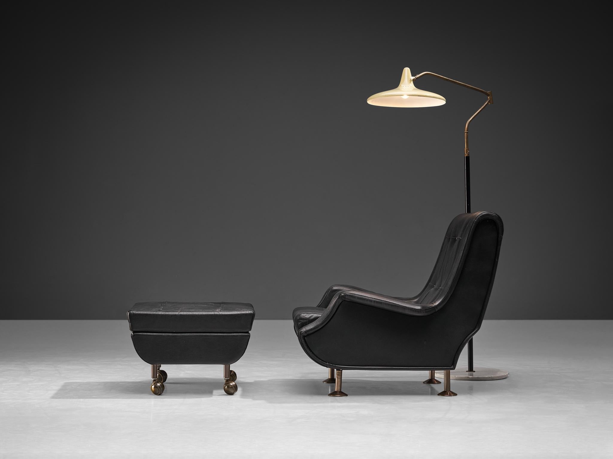 Italian Marco Zanuso ‘Regent’ Lounge Chair and Ottoman with Stilnovo Floor Lamp