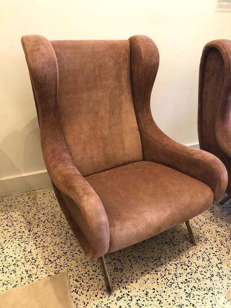 Mid-Century Modern Marco Zanuso Senior Armchairs for Arflex in Opaque Rose Suede Leather, Pair For Sale