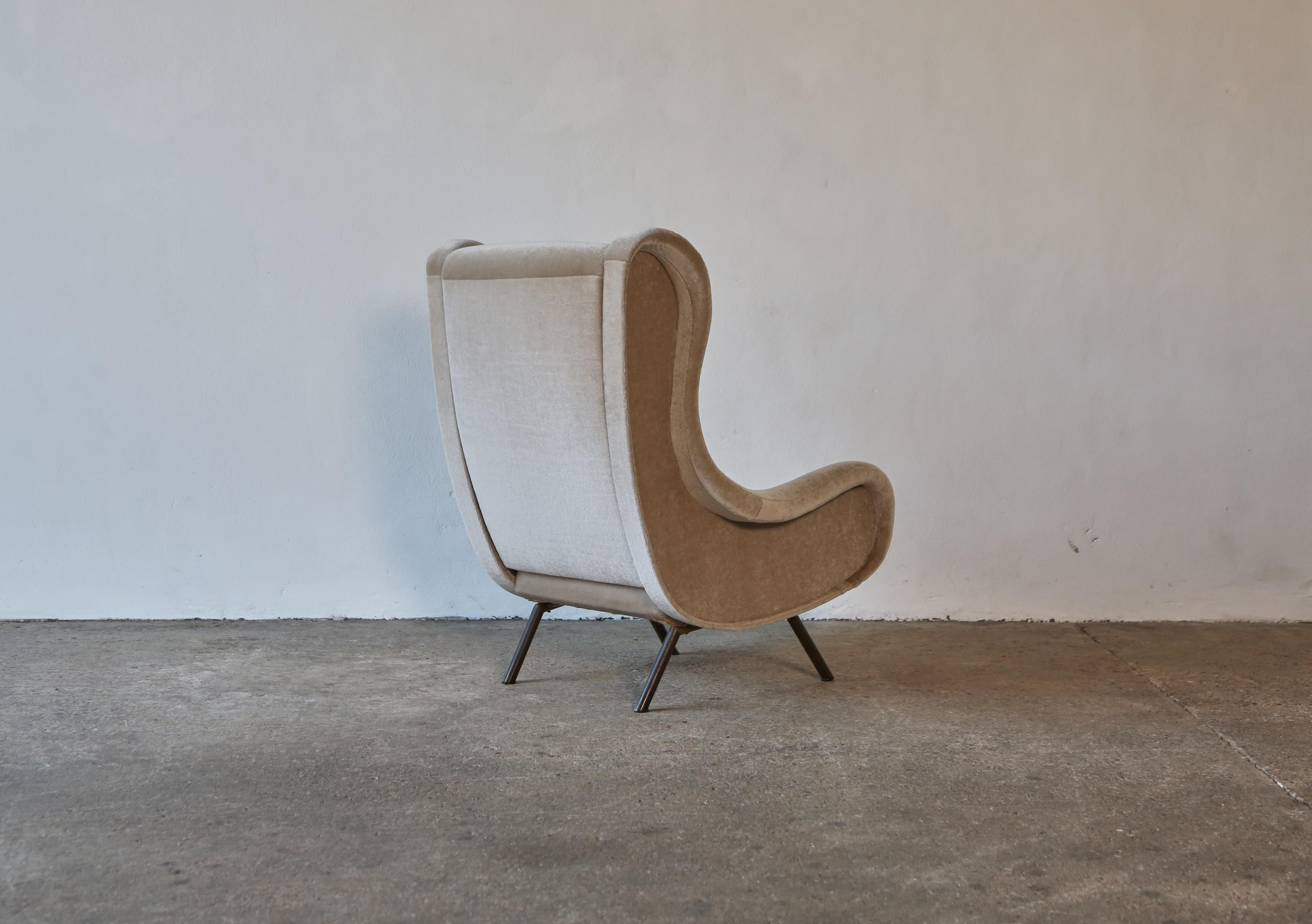 Brass Marco Zanuso Senior Chair, Pure Mohair, Arflex, Italy, 1960s For Sale