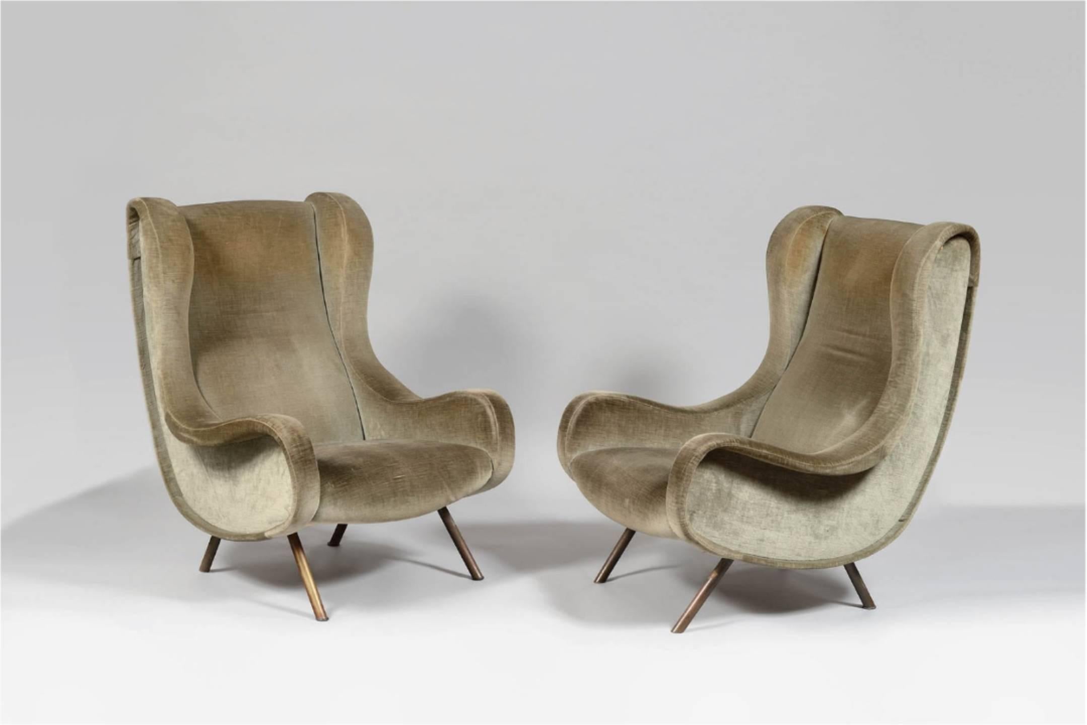 A pair of original Marco Zanuso Senior chairs, Arflex, France/Italy, 1960s. The fabric is a bit dirty so the price here includes reupholstery in customer supplied material.  Ships worldwide - please contact us for options.