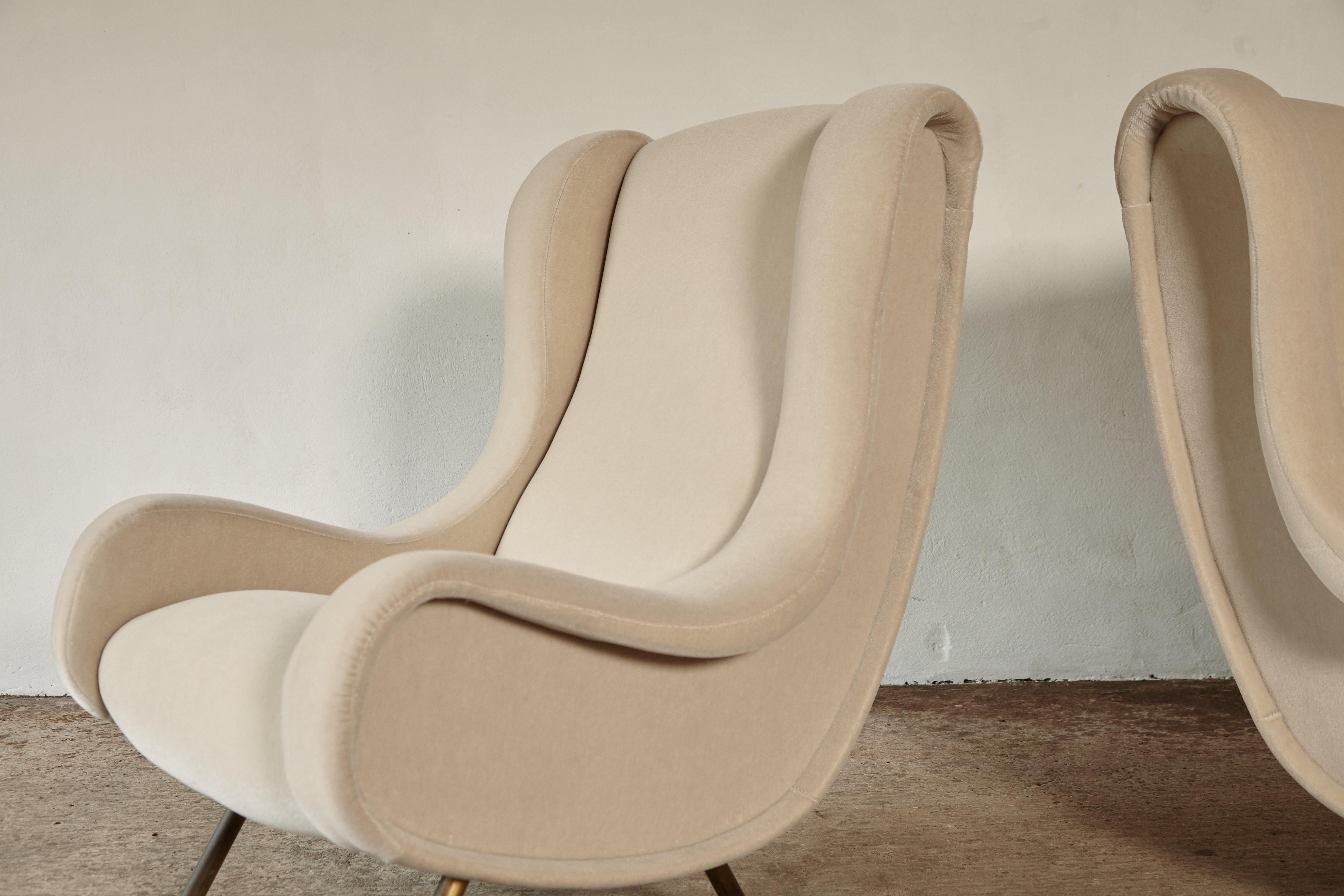 Brass Marco Zanuso Senior Chairs, Mohair Velvet, Arflex, Italy, 1960s