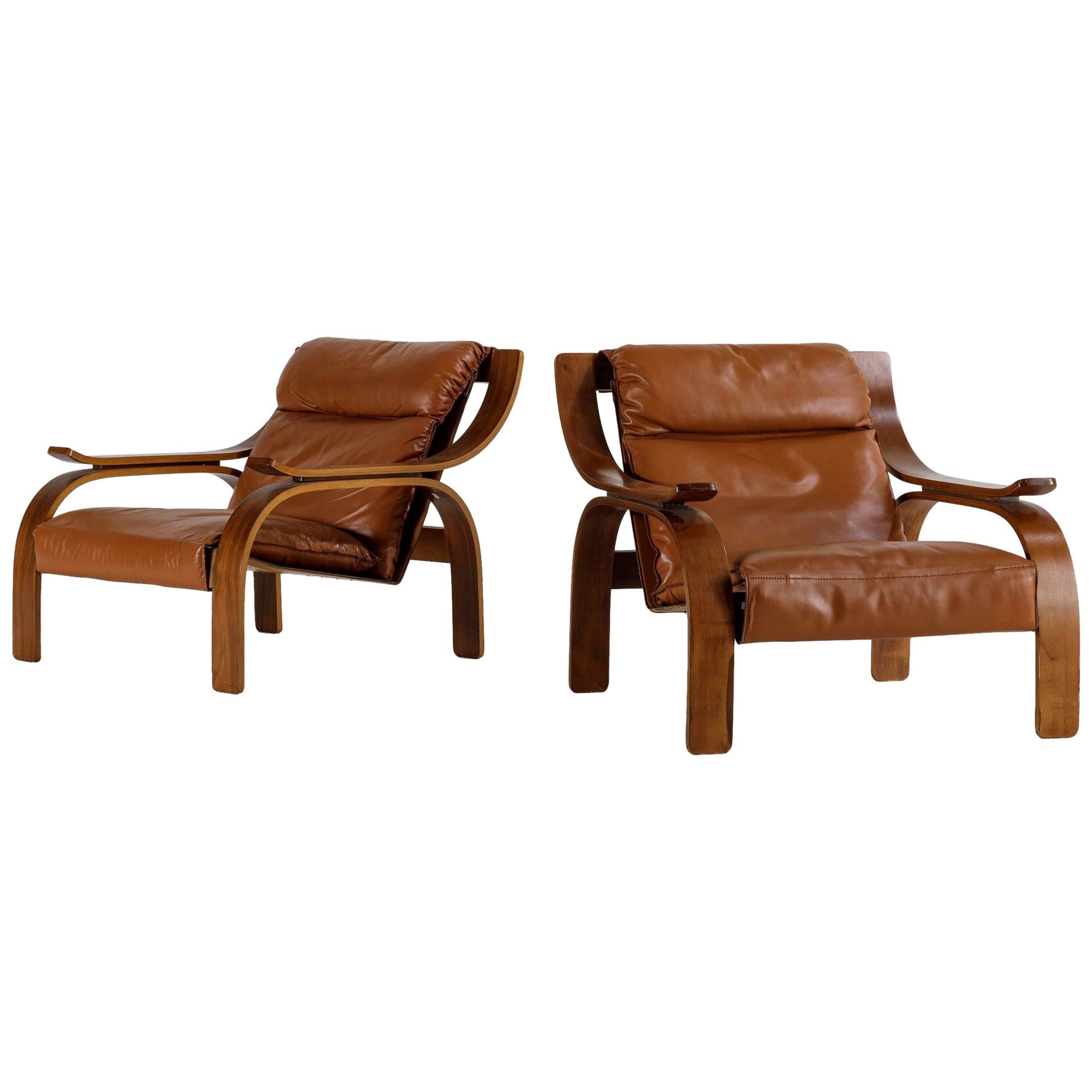 Marco Zanuso Set of Two Woodline Armchairs in Leather for Artflex, 1960