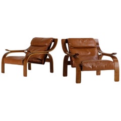 Marco Zanuso Set of Two Woodline Armchairs in Leather for Artflex, 1960