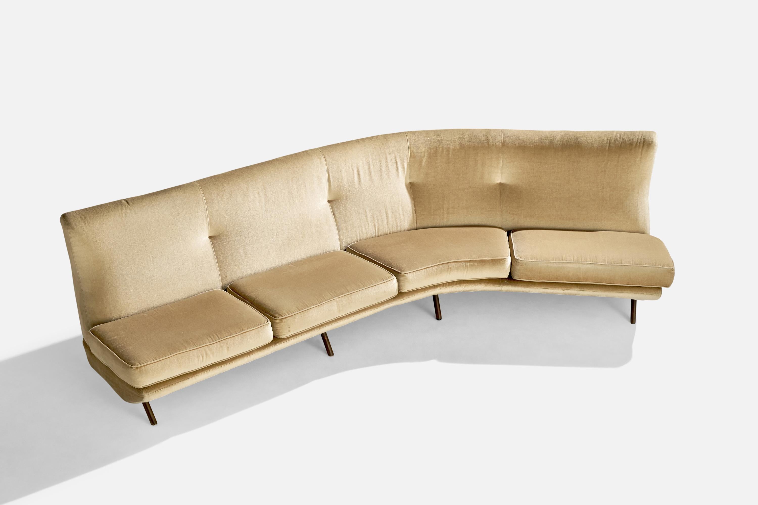 A curved velvet and brass sofa designed by Marco Zanuso and produced by Arflex, Italy, c. 1950s.

Seat Height: 15.5