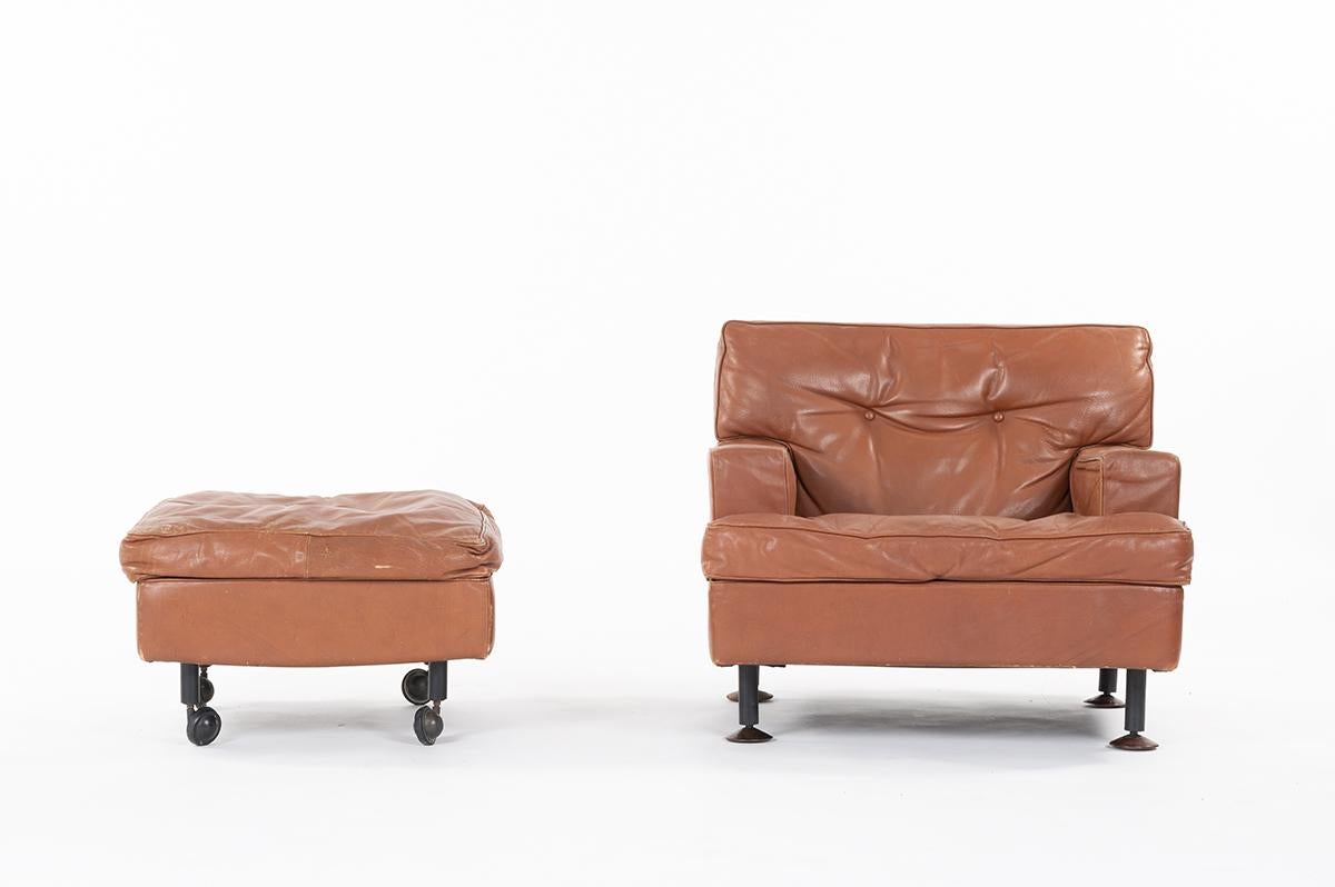 Mid-Century Modern Marco Zanuso Square Armchair and Footstool in Brown Leather by Arflex, 1960