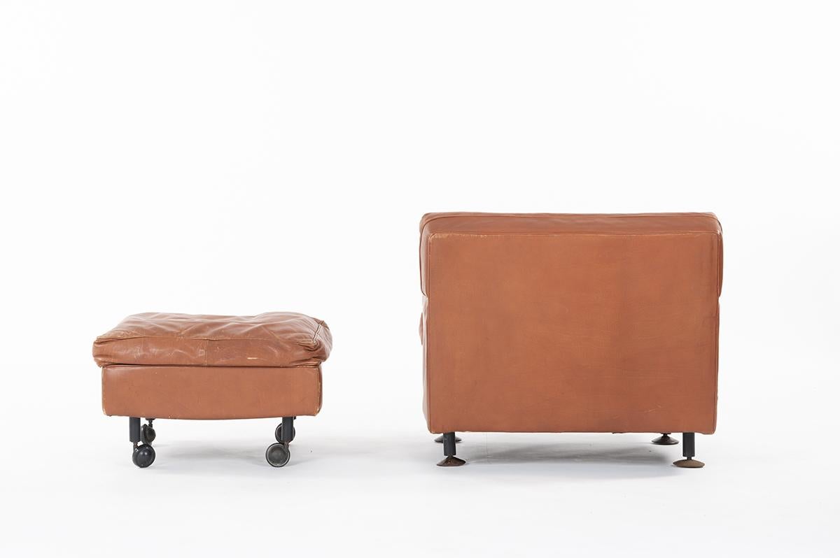 Italian Marco Zanuso Square Armchair and Footstool in Brown Leather by Arflex, 1960