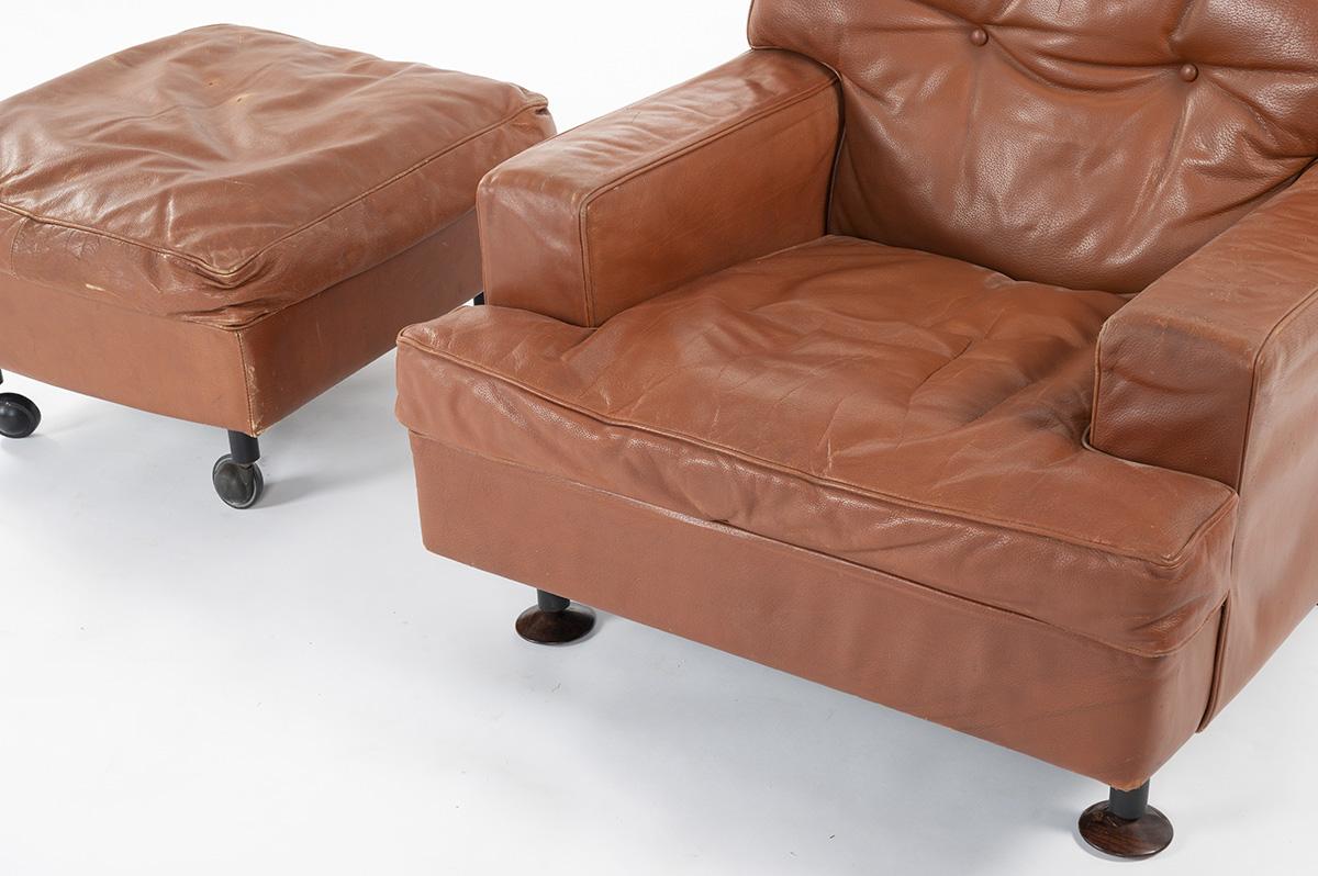 Marco Zanuso Square Armchair and Footstool in Brown Leather by Arflex, 1960 1