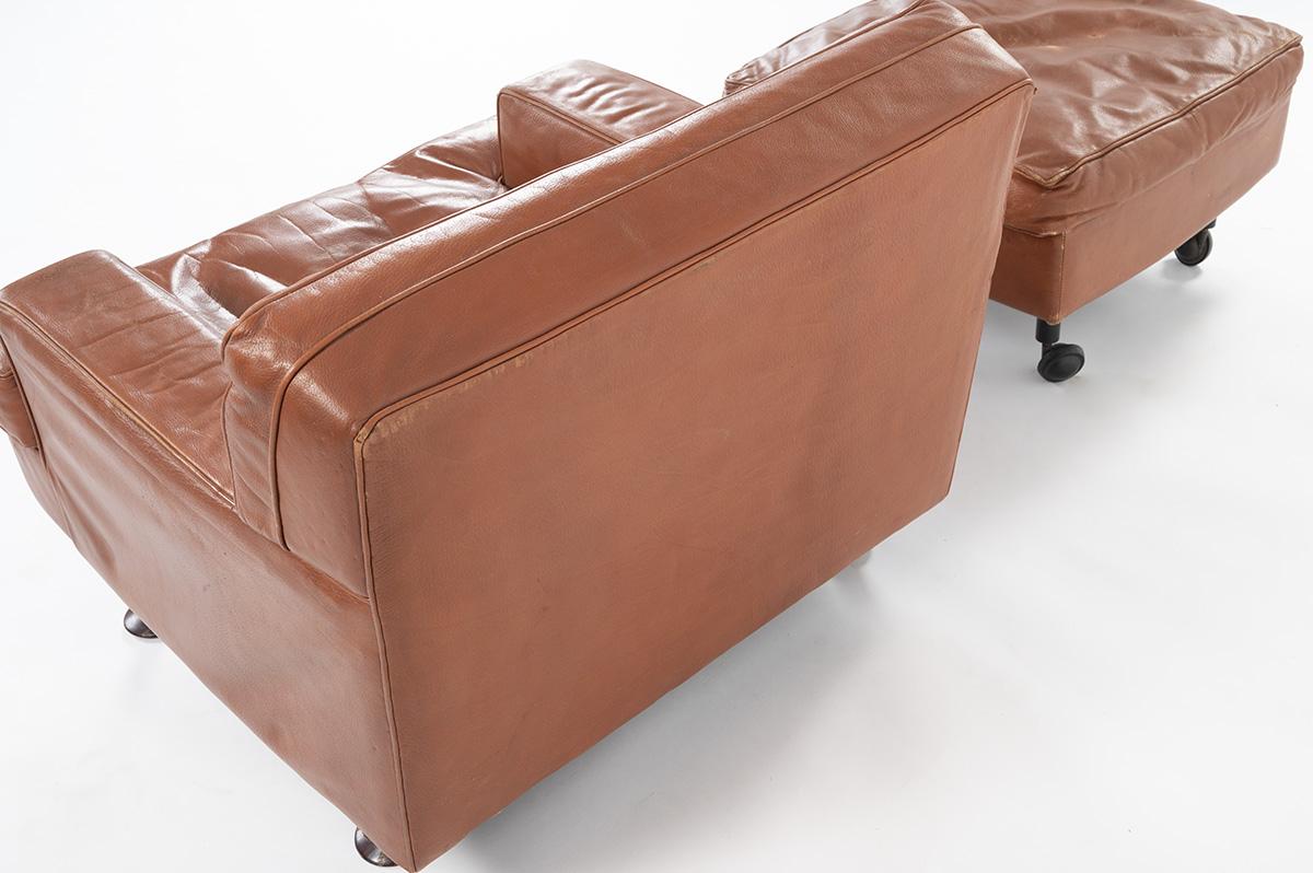Marco Zanuso Square Armchair and Footstool in Brown Leather by Arflex, 1960 2