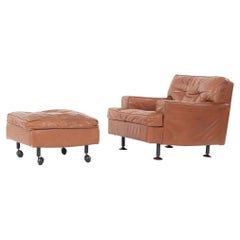 Marco Zanuso Square Armchair and Footstool in Brown Leather by Arflex, 1960