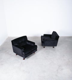 Marco Zanuso 'Square' Black Velvet Chairs with Teak Feet, Italy, circa 1955