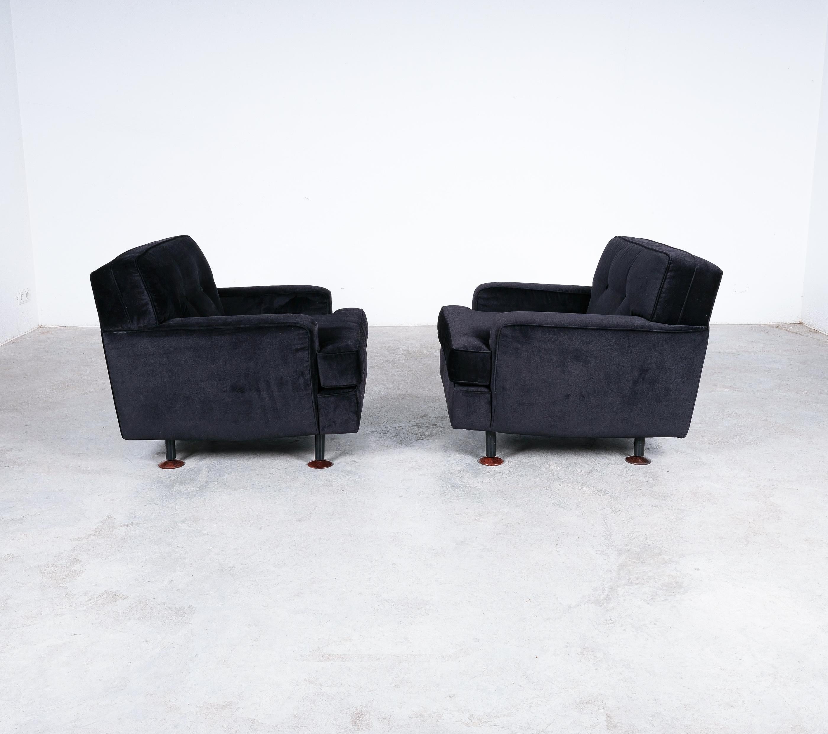 Mid-Century Modern Marco Zanuso 'Square' Black Velvet Chairs with Teak Feet, Italy, circa 1955 For Sale