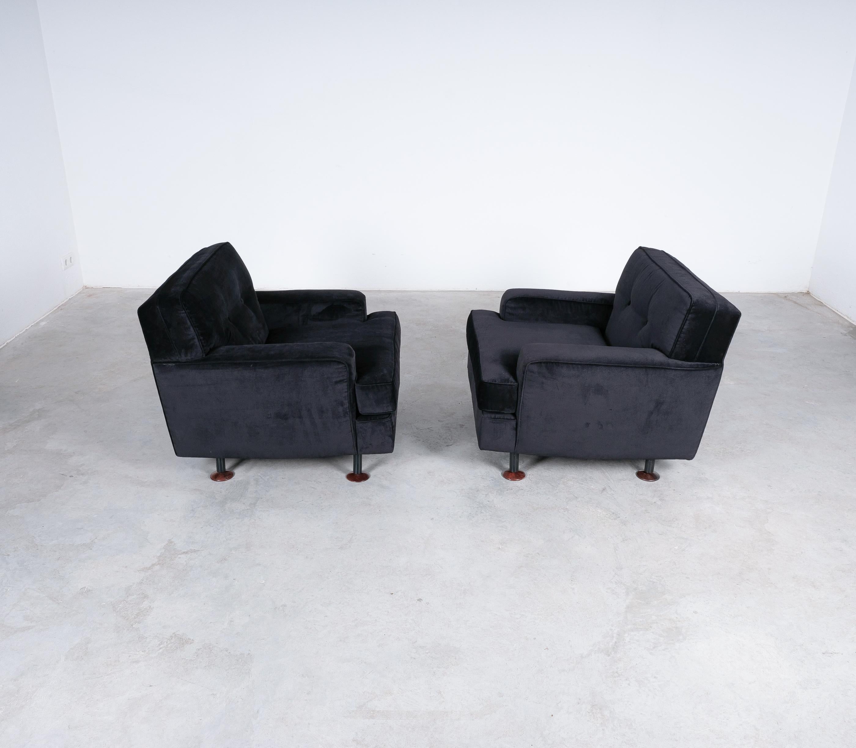 Italian Marco Zanuso 'Square' Black Velvet Chairs with Teak Feet, Italy, circa 1955 For Sale