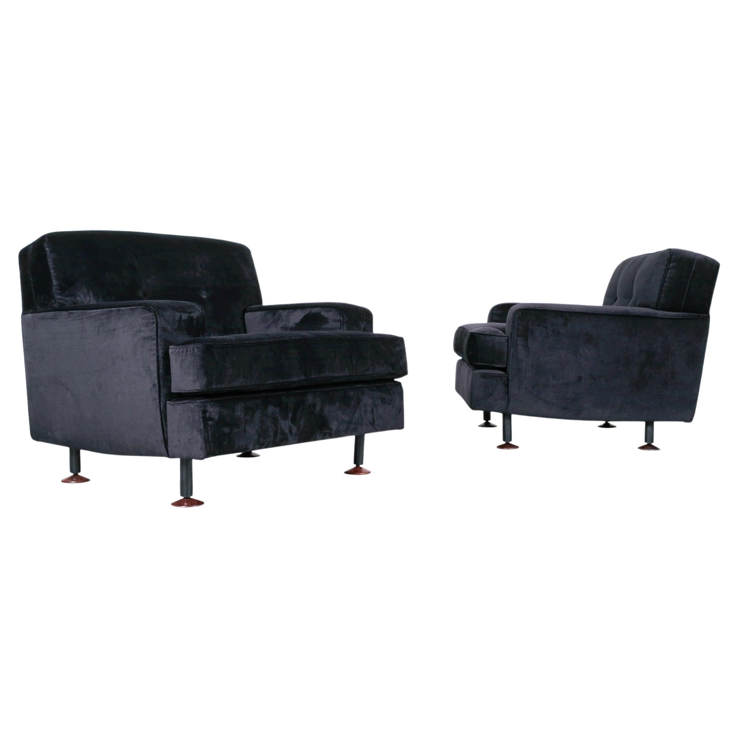 Marco Zanuso 'Square' Black Velvet Chairs with Teak Feet, Italy, circa 1955 For Sale