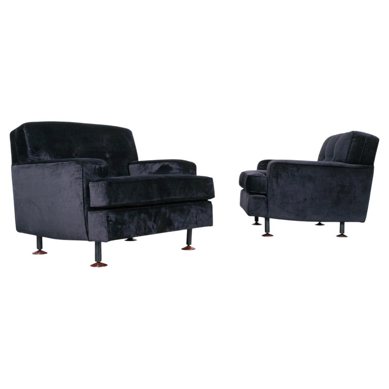 Marco Zanuso 'Square' Black Velvet Chairs with Teak Feet, Italy, circa