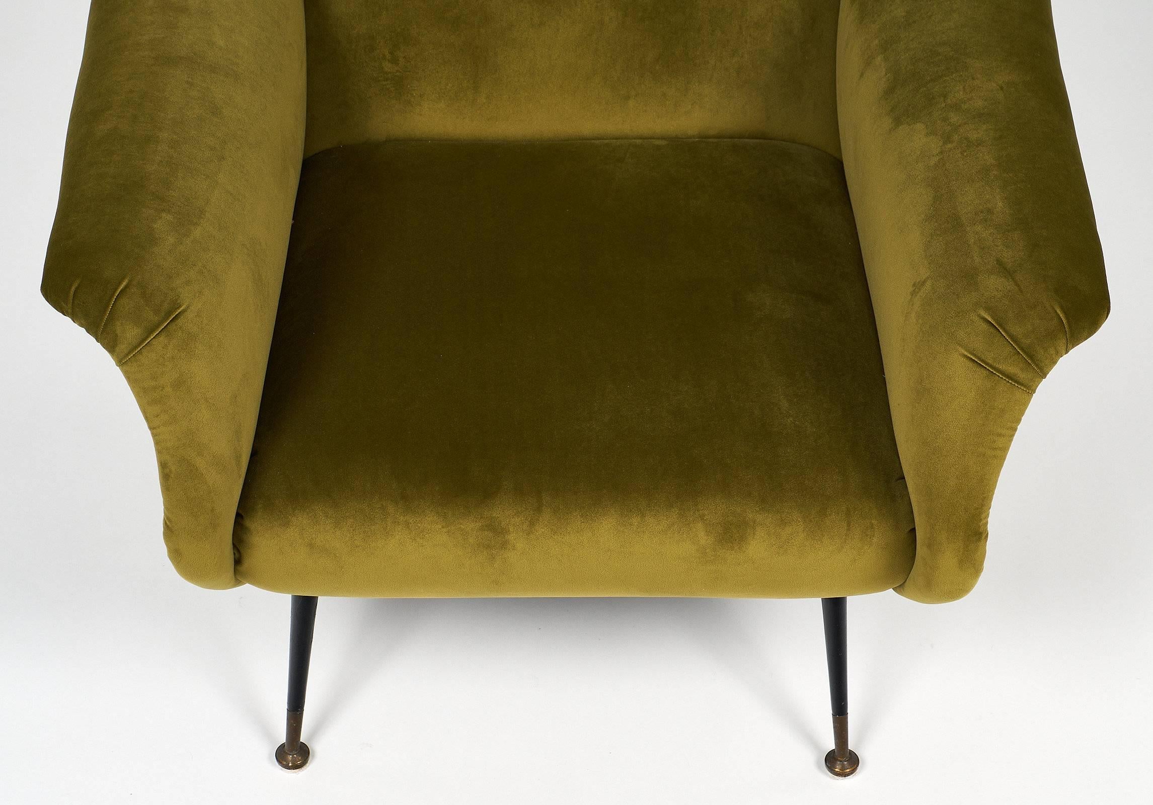 Brass Marco Zanuso Style Green Armchairs