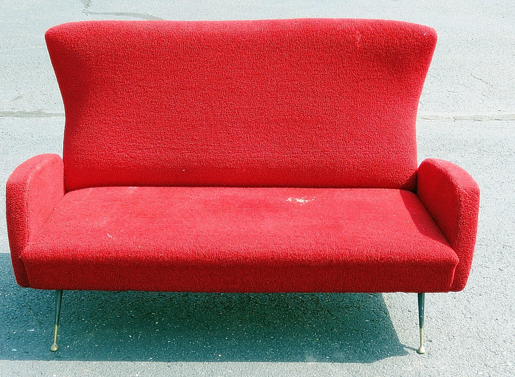 Marco Zanuso style loveseat with metal legs and brass sabots.