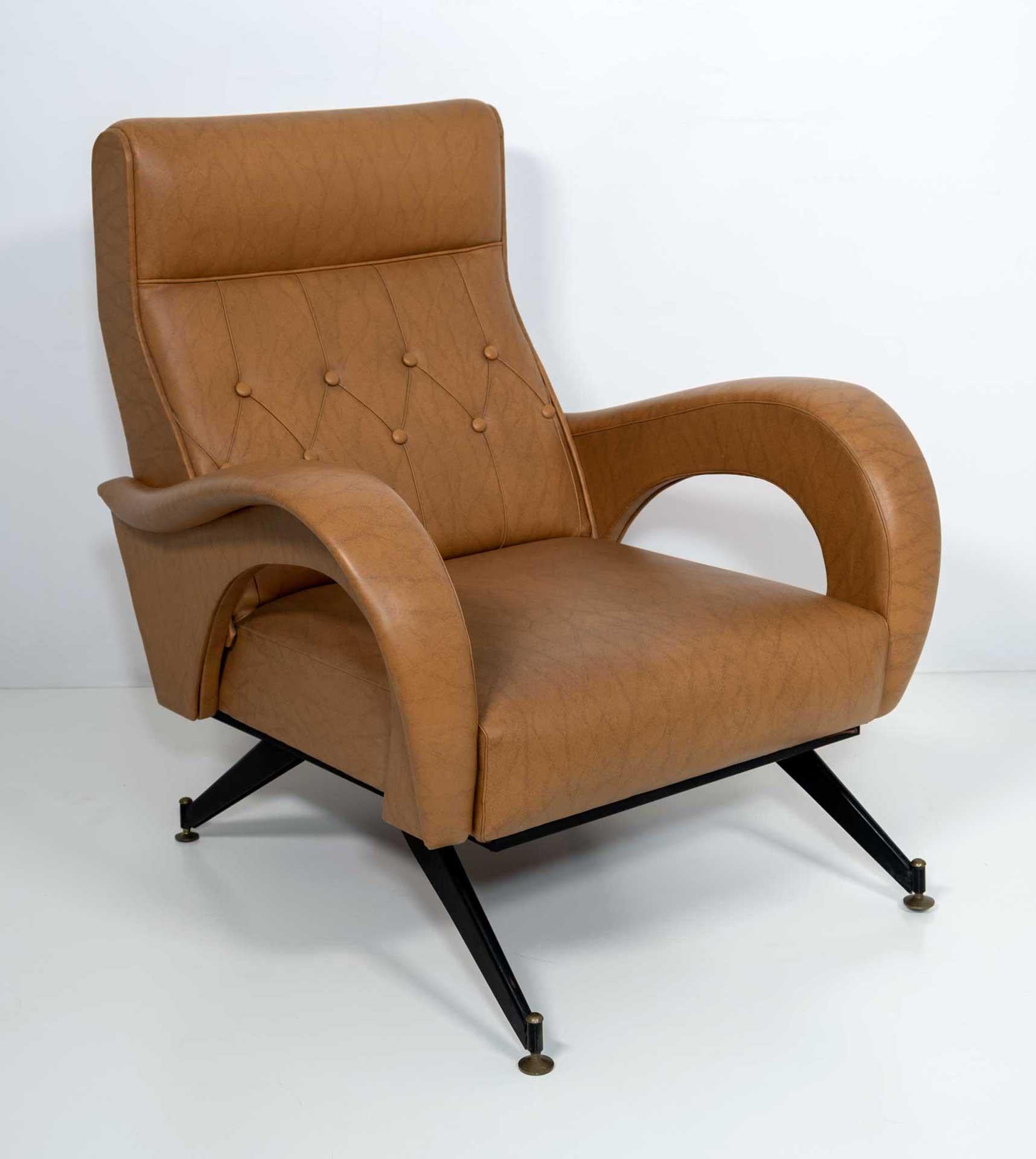 Marco Zanuso style lounge armchair from the 60s covered in eco-leather. The upholstery is original and in good condition, as shown in the photos.