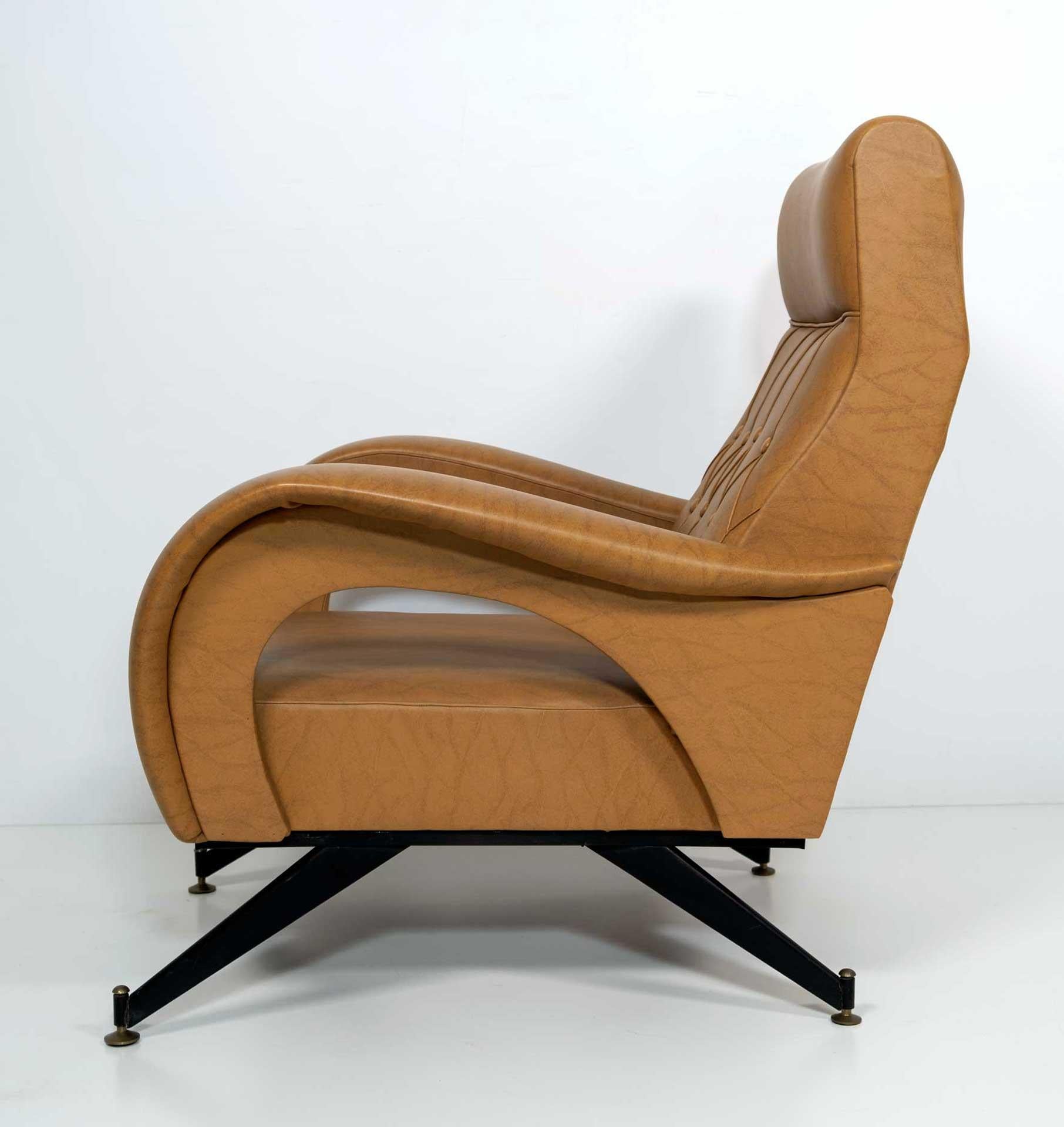 Metal Marco Zanuso Style Mid-Century Modern Italian Leather Lounge Chair, 1970s For Sale