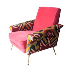 Marco Zanuso Style Midcentury Cotton Wool Brass Raspberry Armchair, Italy, 1950