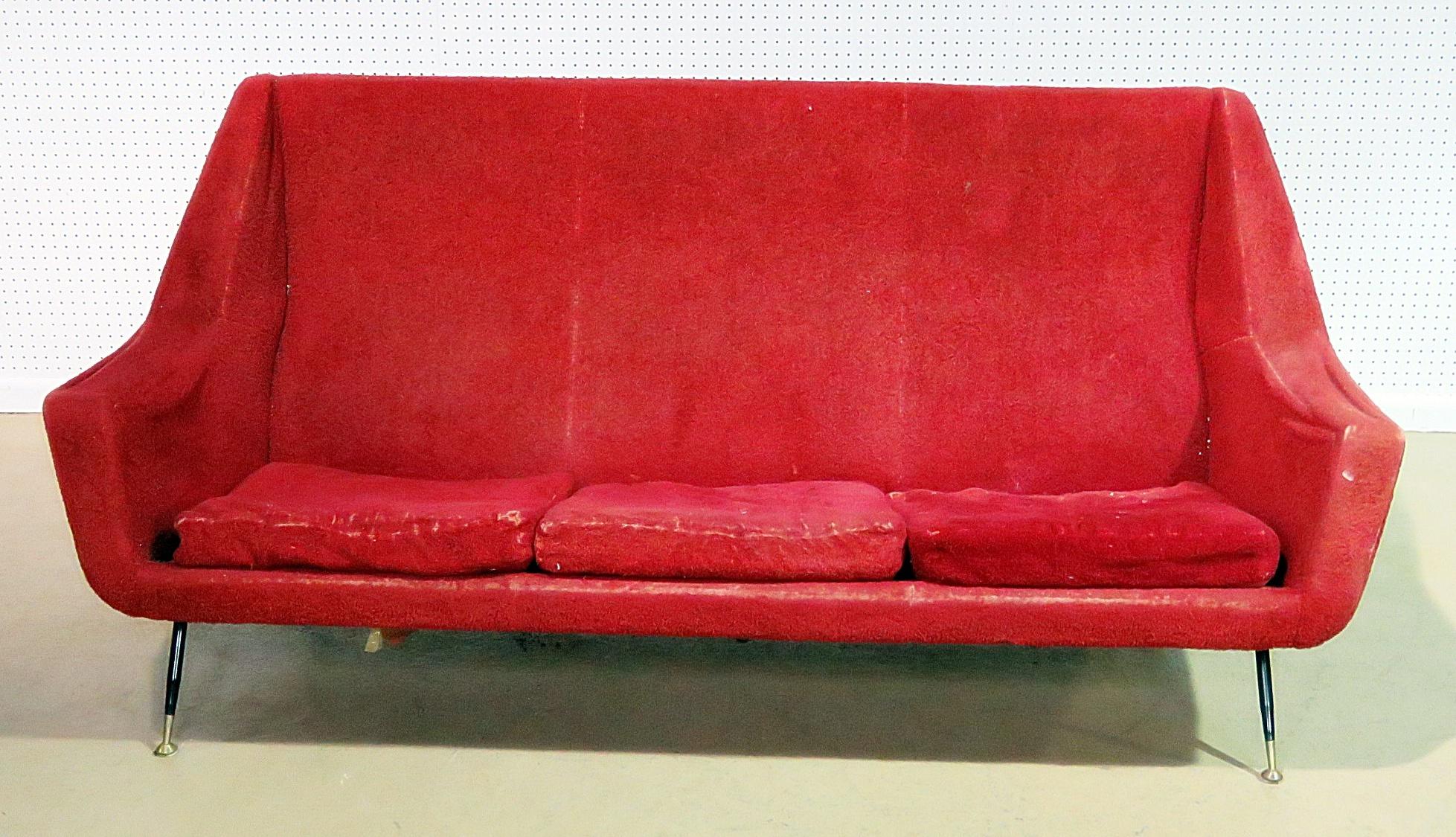 Marco Zanuso style Italian fully upholstered sofa with metal legs and brass sabots.