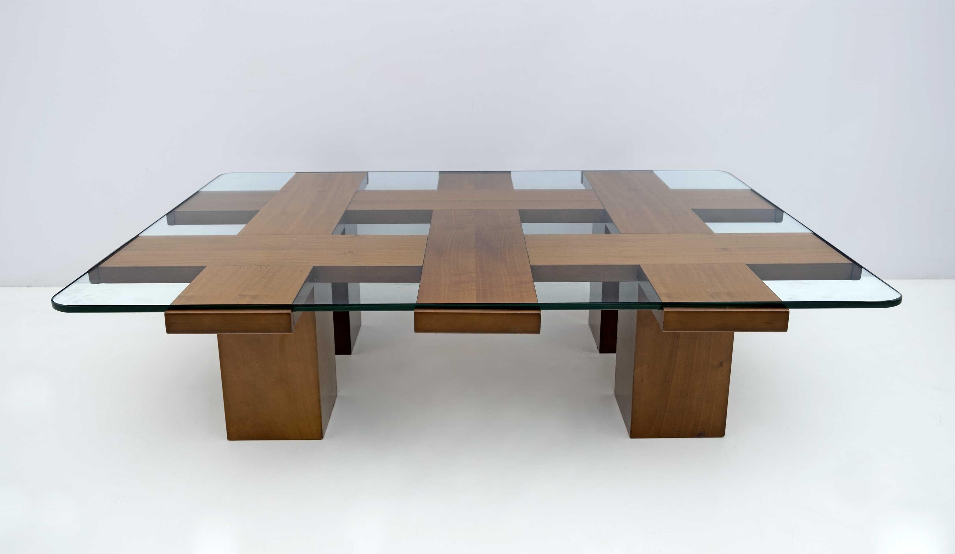 Mid-Century Modern Marco Zanuso Attributed Mid-century Ash & Glass Grid Motif Coffee Table, 1960s