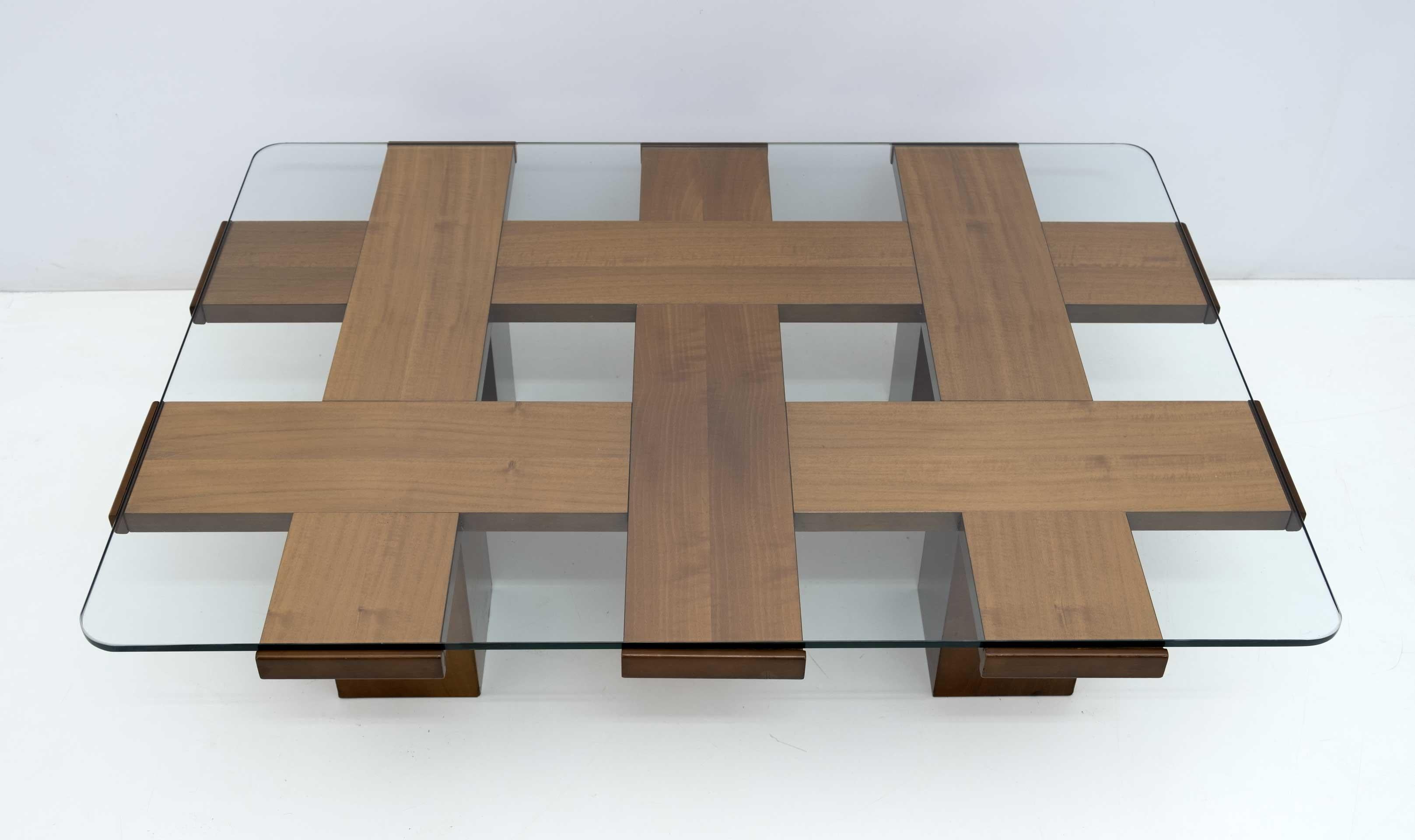 Italian Marco Zanuso Attributed Mid-century Ash & Glass Grid Motif Coffee Table, 1960s
