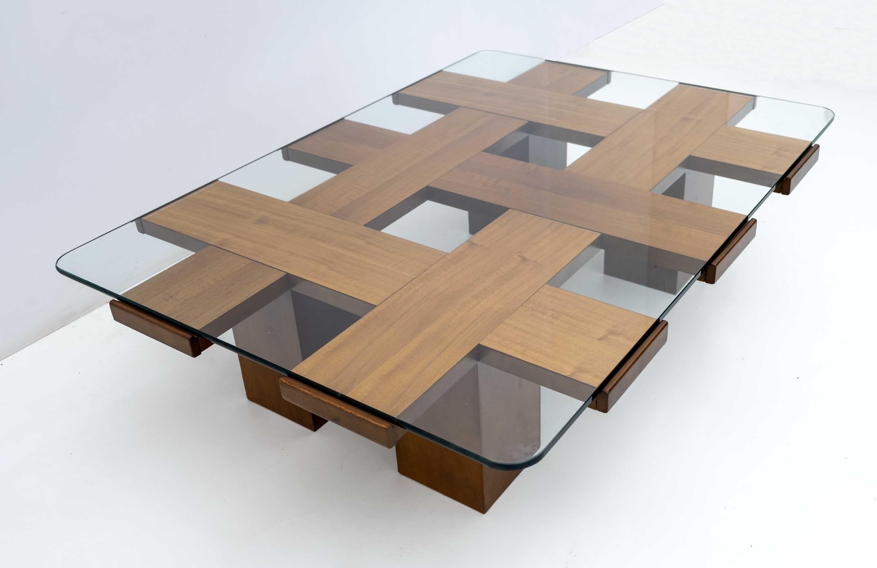 Crystal Marco Zanuso Attributed Mid-century Ash & Glass Grid Motif Coffee Table, 1960s