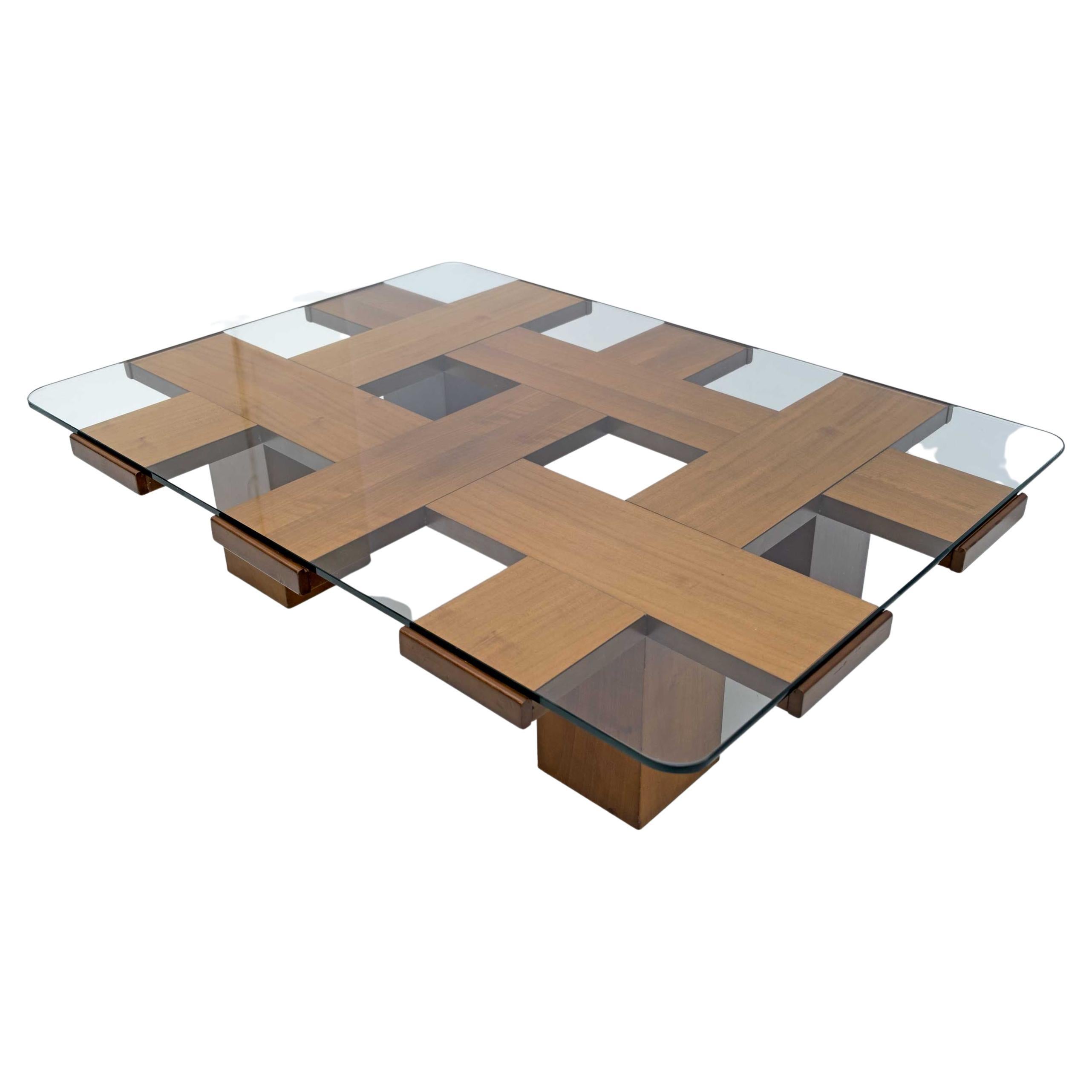 Marco Zanuso Attributed Mid-century Ash & Glass Grid Motif Coffee Table, 1960s