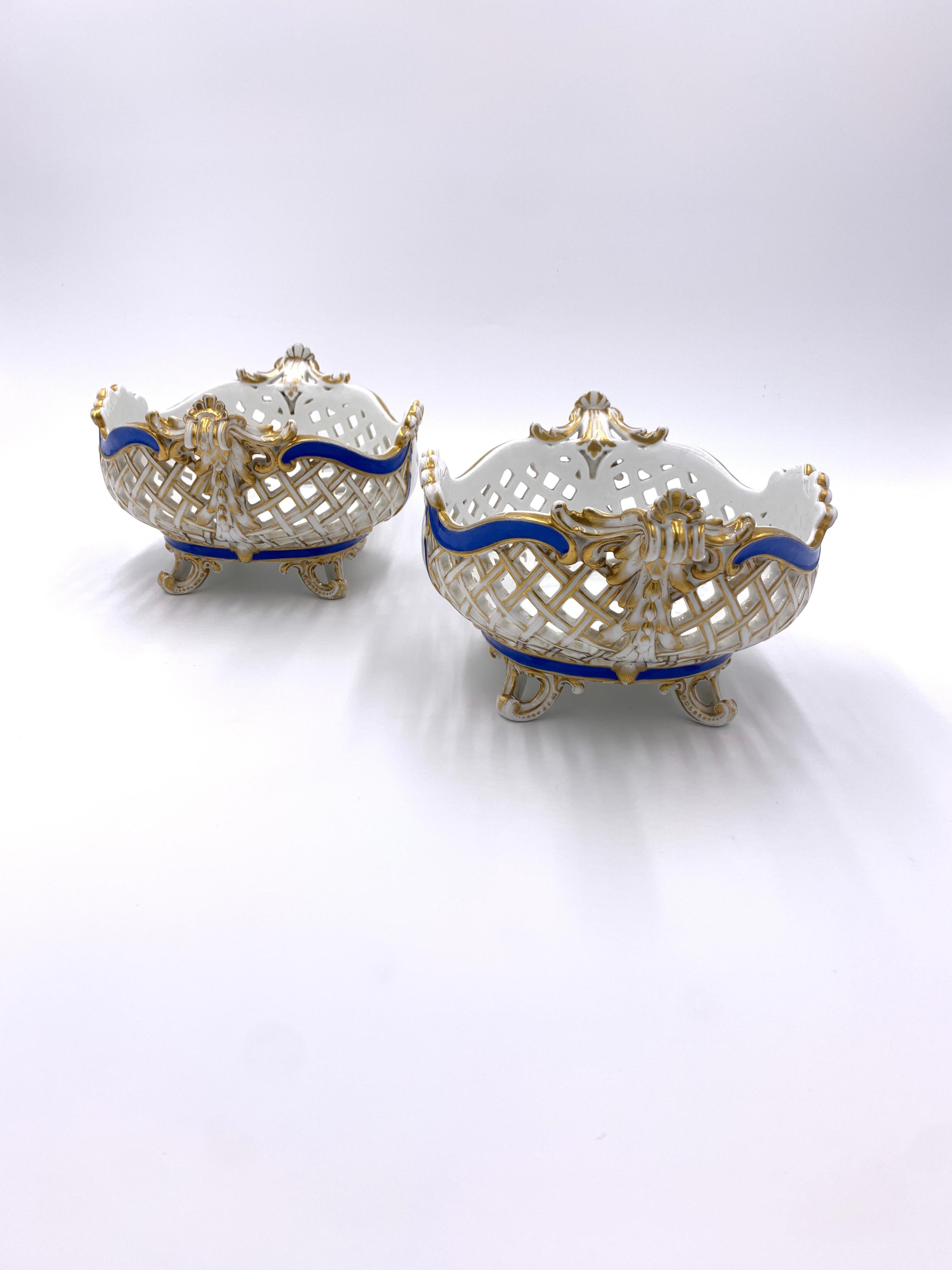 Fine Marcolini Period Meissen Porcelain open work fruit basket in white, blue and gold, two crowns on each basket at the front and the revers of the basket, signed and dated on the base. 
 