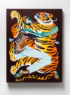 "Embrace", Tiger and Skeleton Figurative Contemporary Painting