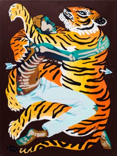 "Embrace", Tiger and Skeleton Figurative Contemporary Painting