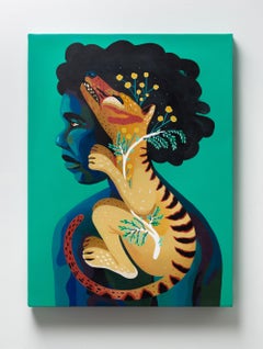 "Extinct Soul", Acrylic Painting on Linen with Animal and Floral Motifs