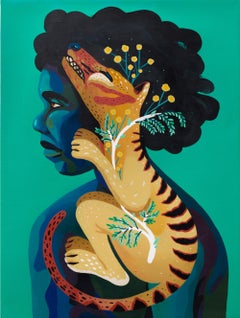 "Extinct Soul", Acrylic Painting on Linen with Animal and Floral Motifs