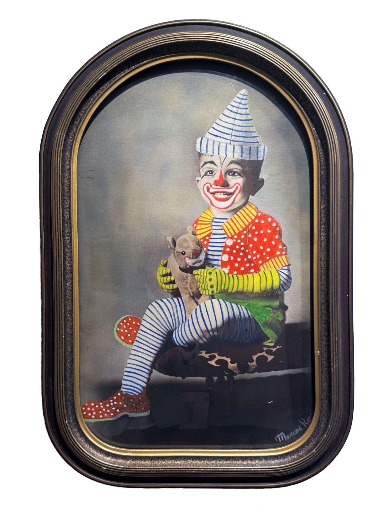 Baby Clown - Antique Painted Photograph in Frame - Mixed Media Art by Marcos Raya