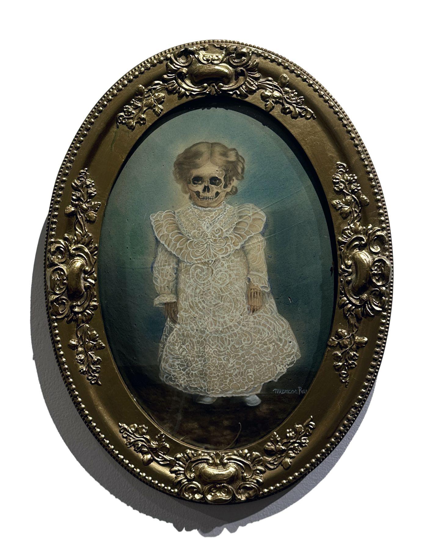 Baby Lu - Antique Painted and Appropriated Photograph, Original Frame - Mixed Media Art by Marcos Raya