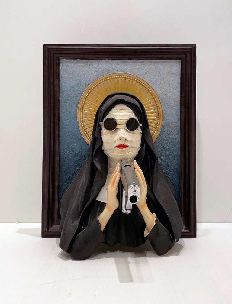 Nun with a Gun - Three Dimensional Sculptural Wall Piece - Mixed Media Art by Marcos Raya
