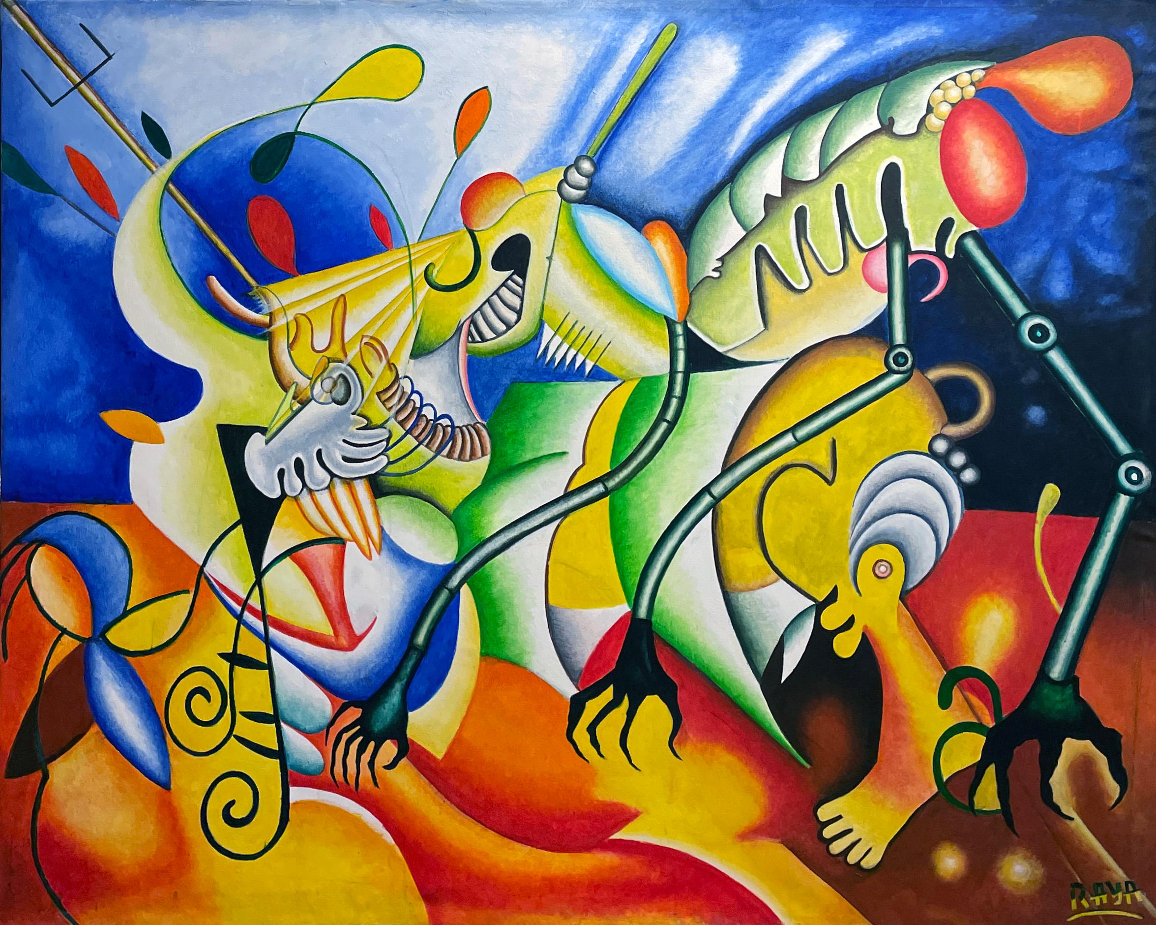 Marcos Raya Abstract Painting - Animals - Brightly Colored Abstracted Surreal Oil Painting with Animals