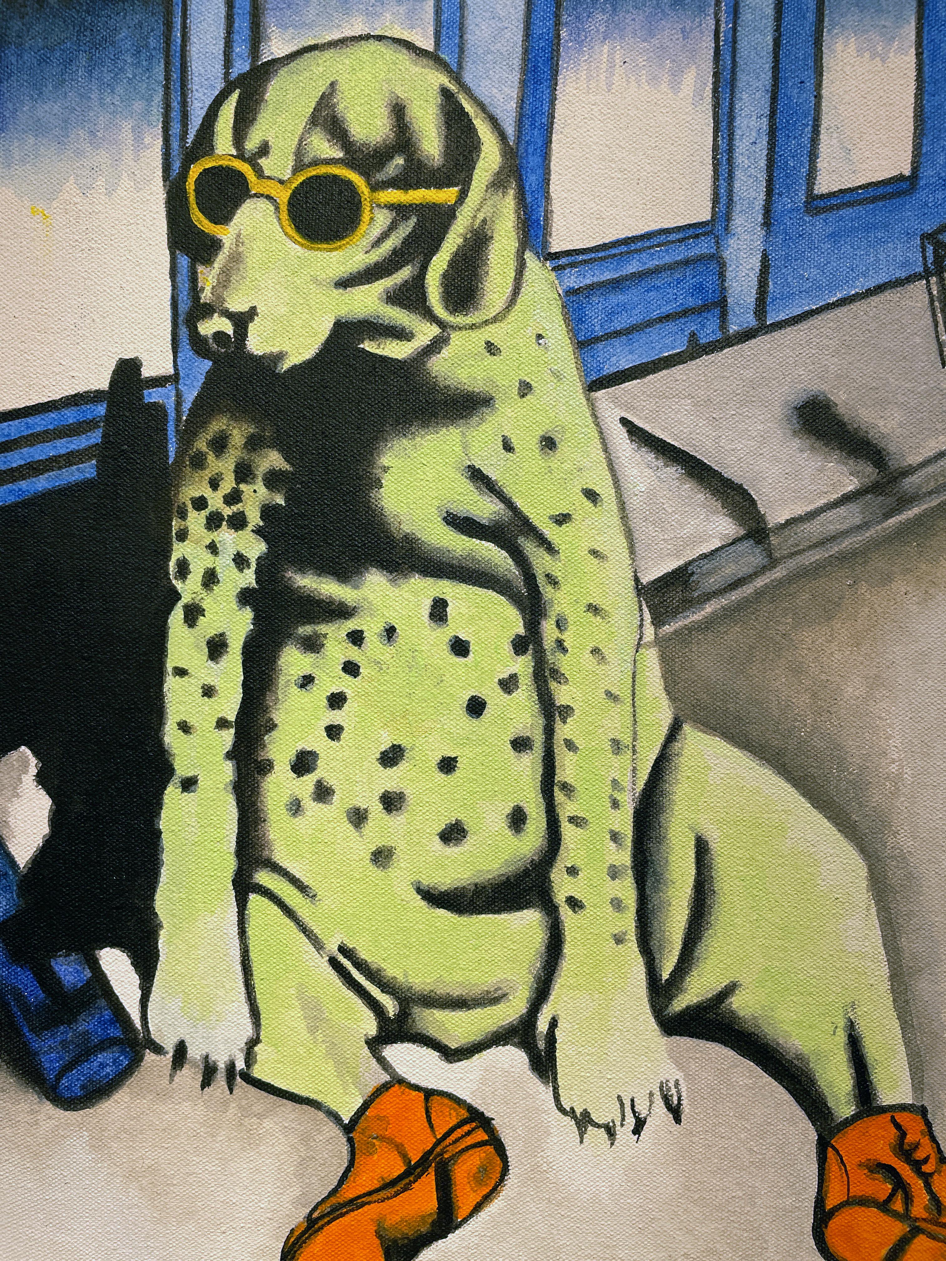 Dog Years - Autoritratto a colori vivaci dell'artista come cane di colore verde lime - Painting Contemporaneo di Marcos Raya
