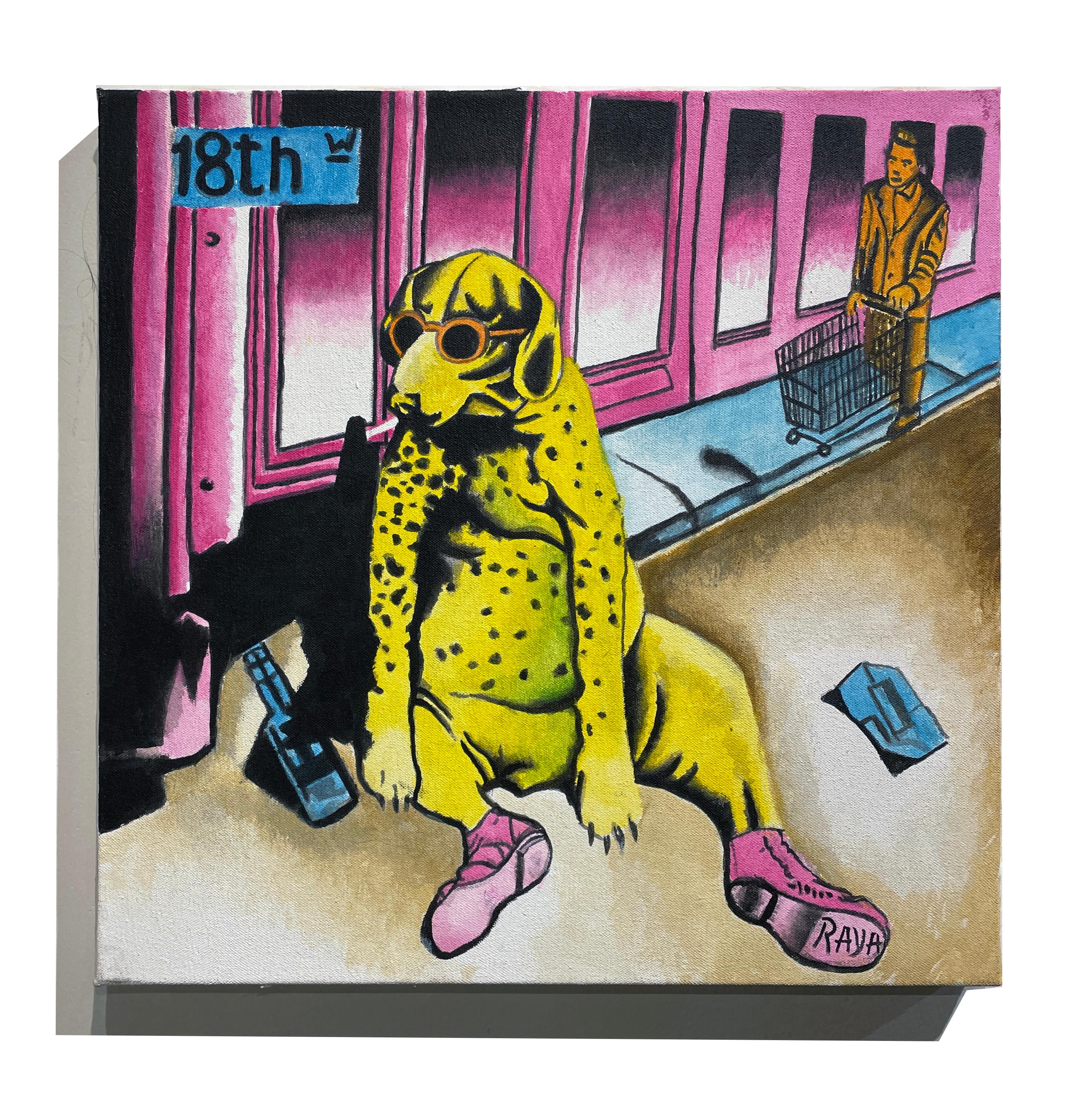 Dog Years - Autoritratto a colori vivaci dell'artista come cane giallo - Painting di Marcos Raya
