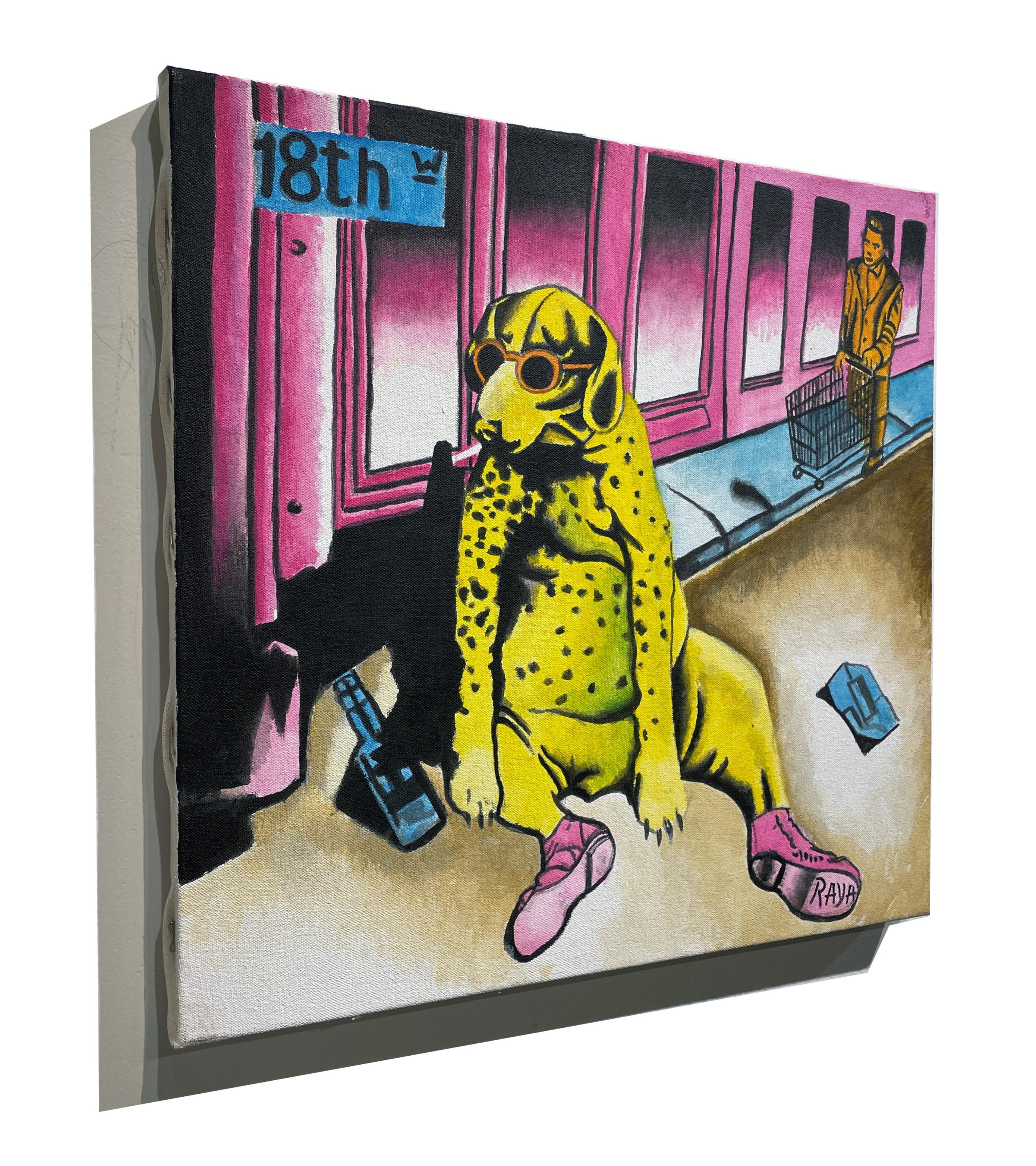 Dog Years - Autoritratto a colori vivaci dell'artista come cane giallo - Painting Contemporaneo di Marcos Raya
