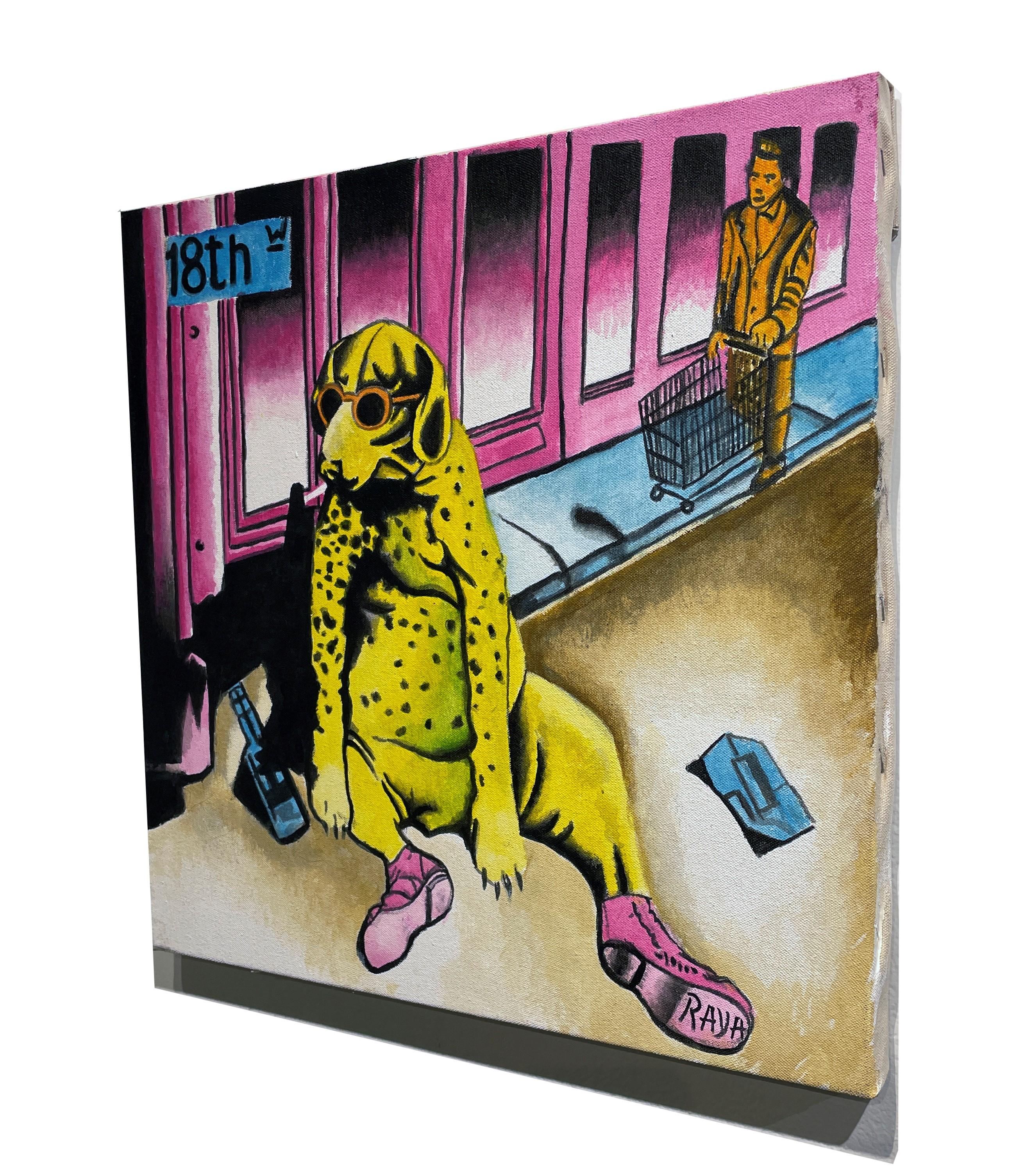 Dog Years - Autoritratto a colori vivaci dell'artista come cane giallo - Animal Painting Beige di Marcos Raya