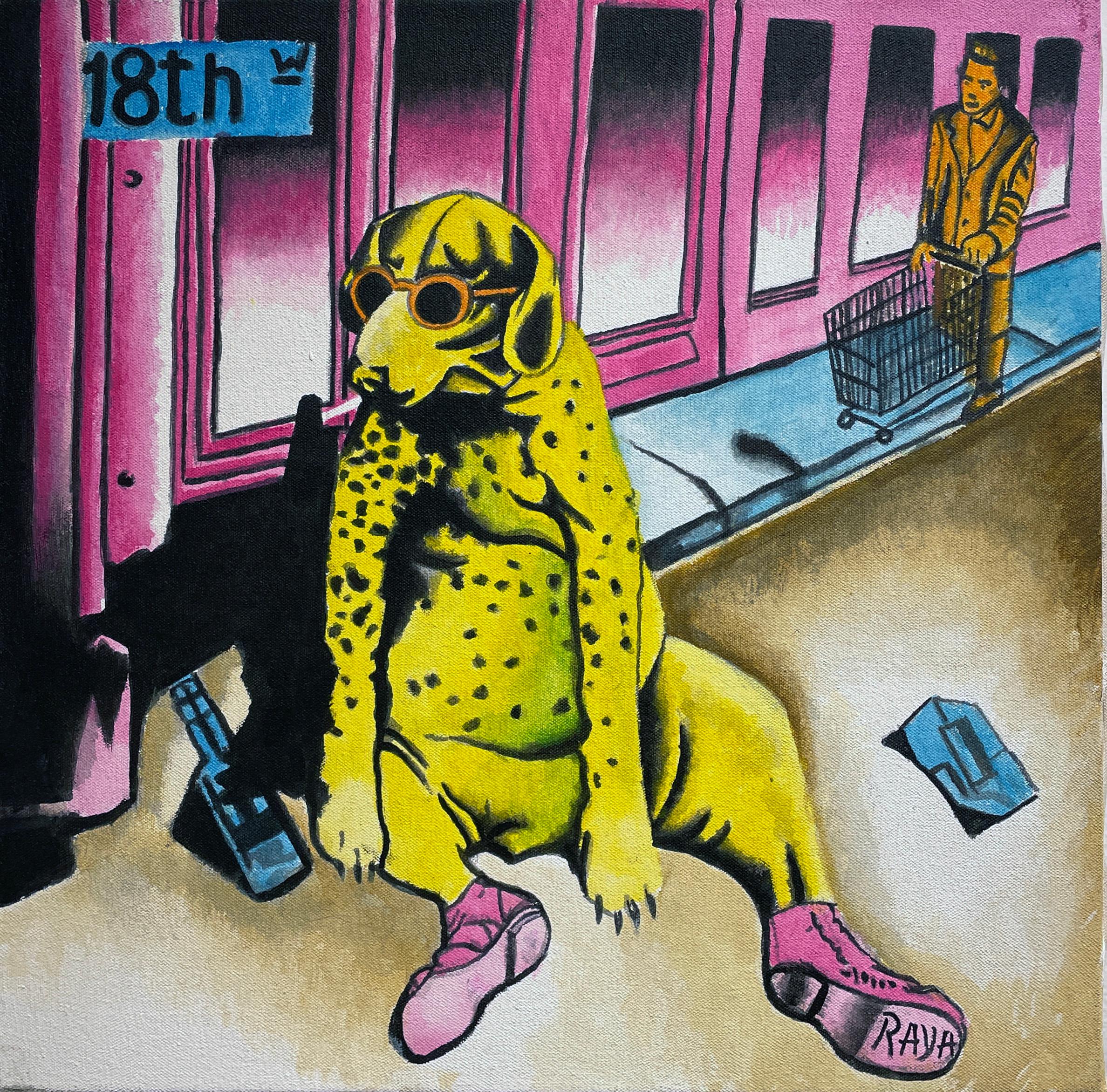 Animal Painting di Marcos Raya - Dog Years - Autoritratto a colori vivaci dell'artista come cane giallo