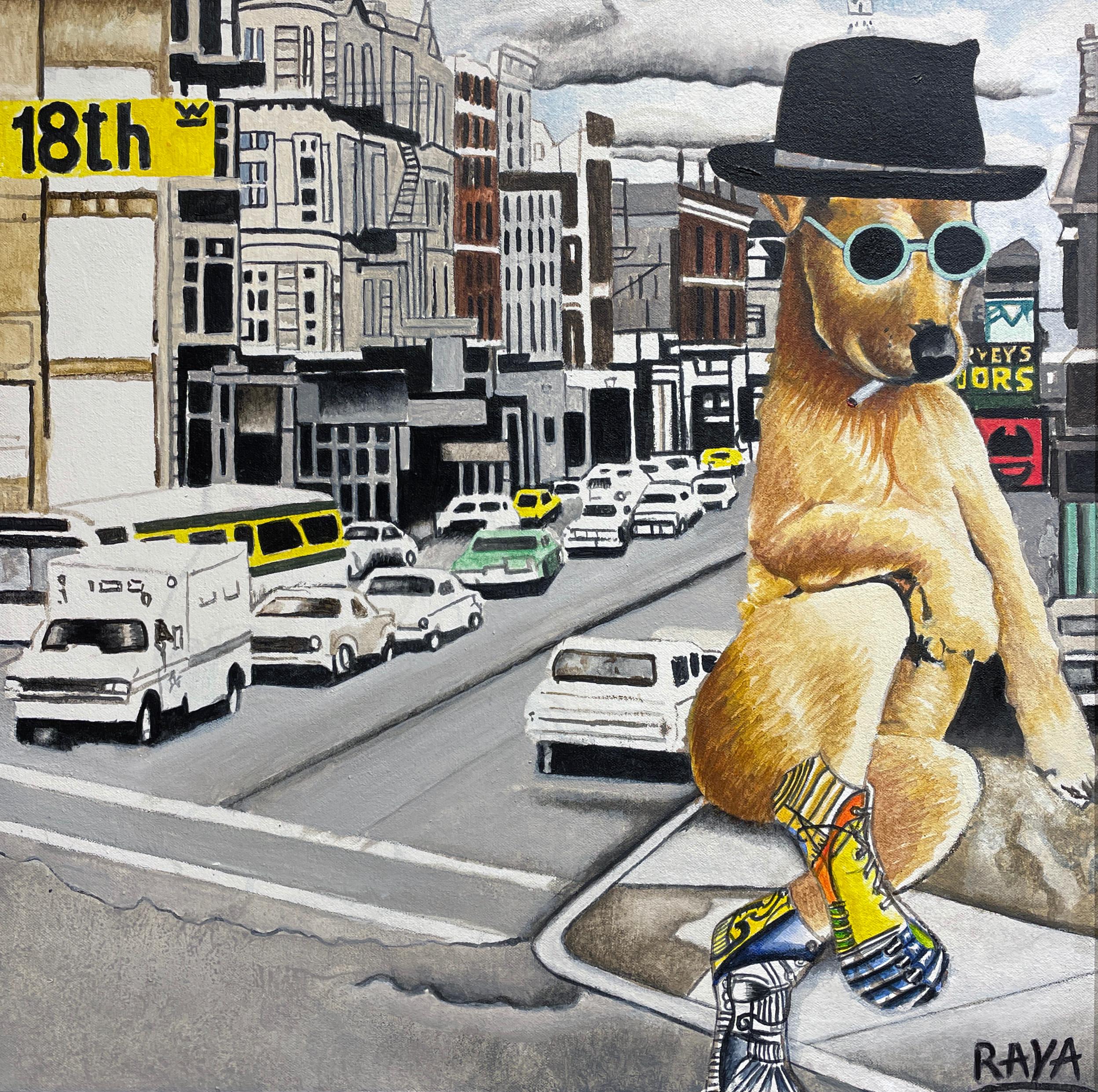 Dog Years - Self Portrait of Artist as a Dog Juxtaposed Against a Cityscape - Painting by Marcos Raya