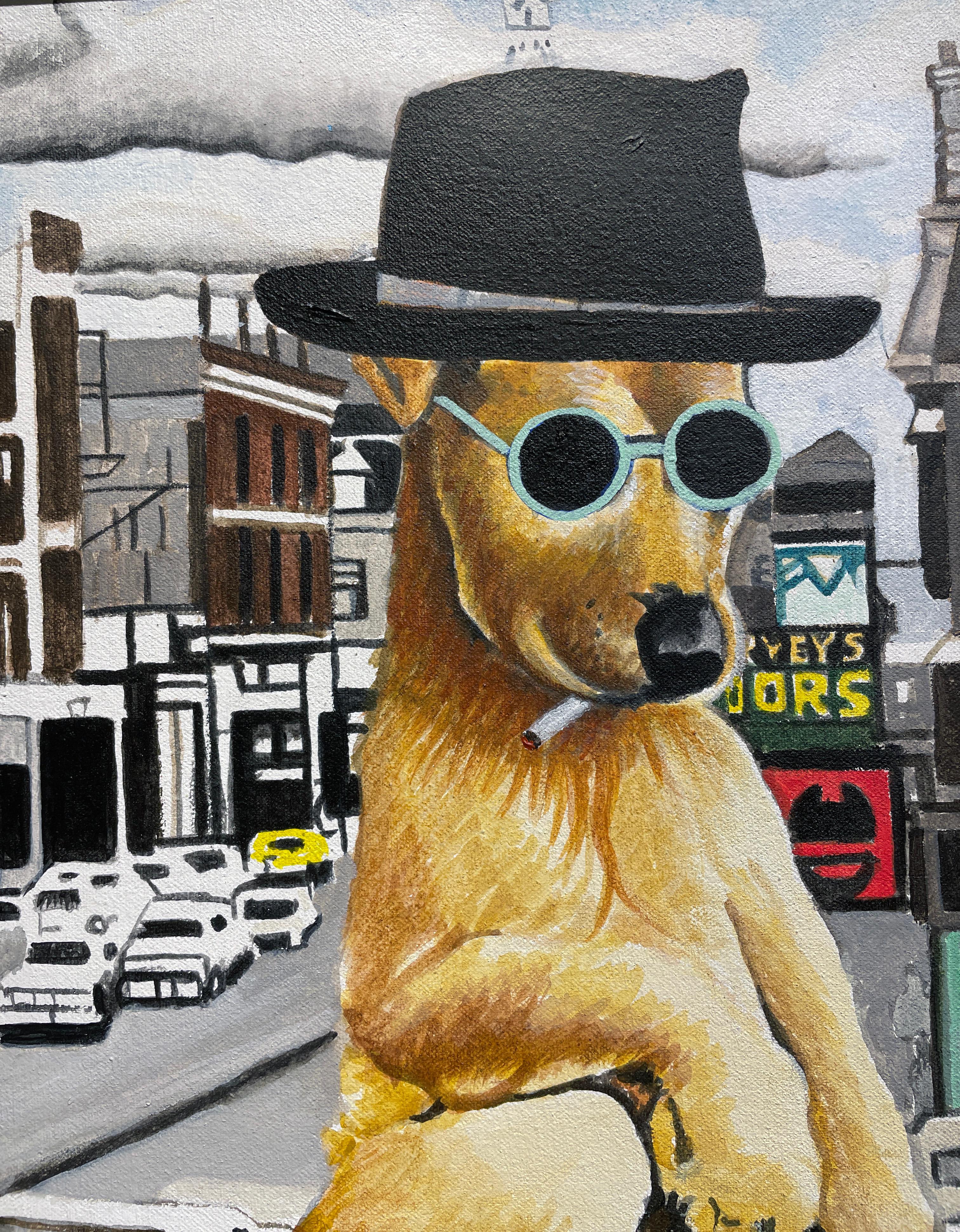 Dog Years - Autoritratto dell'artista nei panni di un cane accostato a un paesaggio urbano - Painting Contemporaneo di Marcos Raya