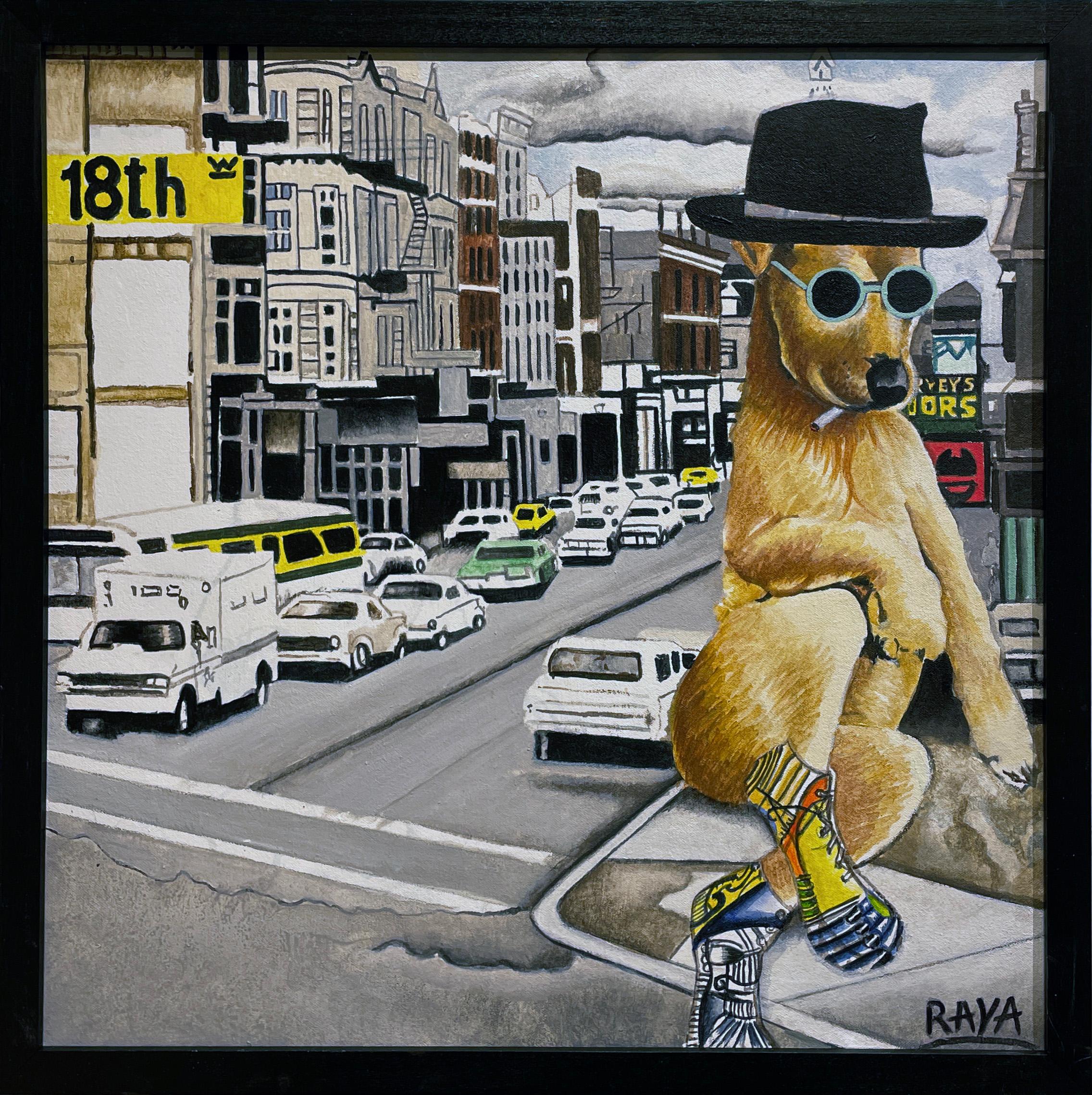 Marcos Raya Animal Painting - Dog Years - Self Portrait of Artist as a Dog Juxtaposed Against a Cityscape