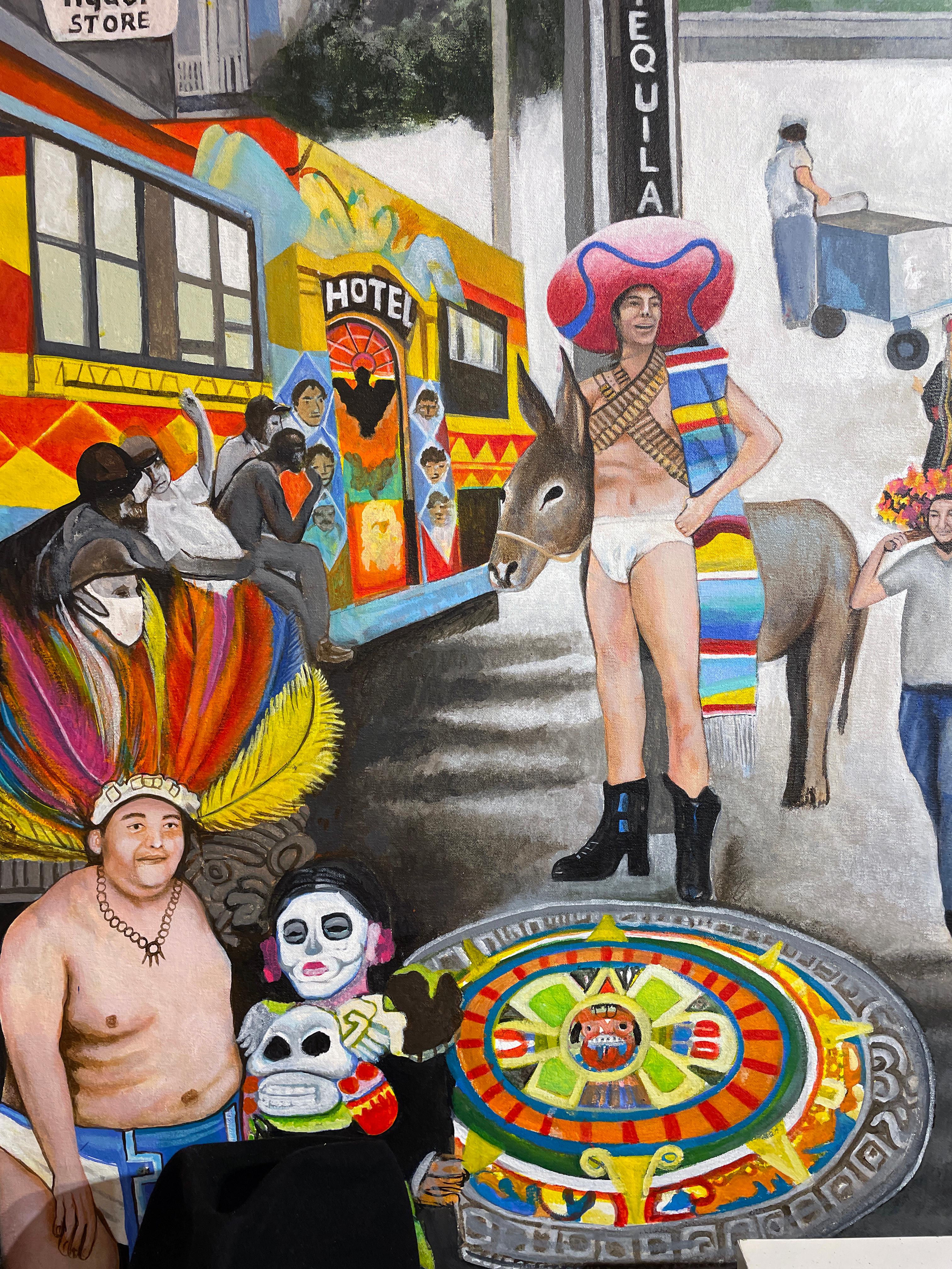 Exit From 18th Street, Surrealist Landscape Painting, Chicago Neighborhoods - Gray Figurative Painting by Marcos Raya