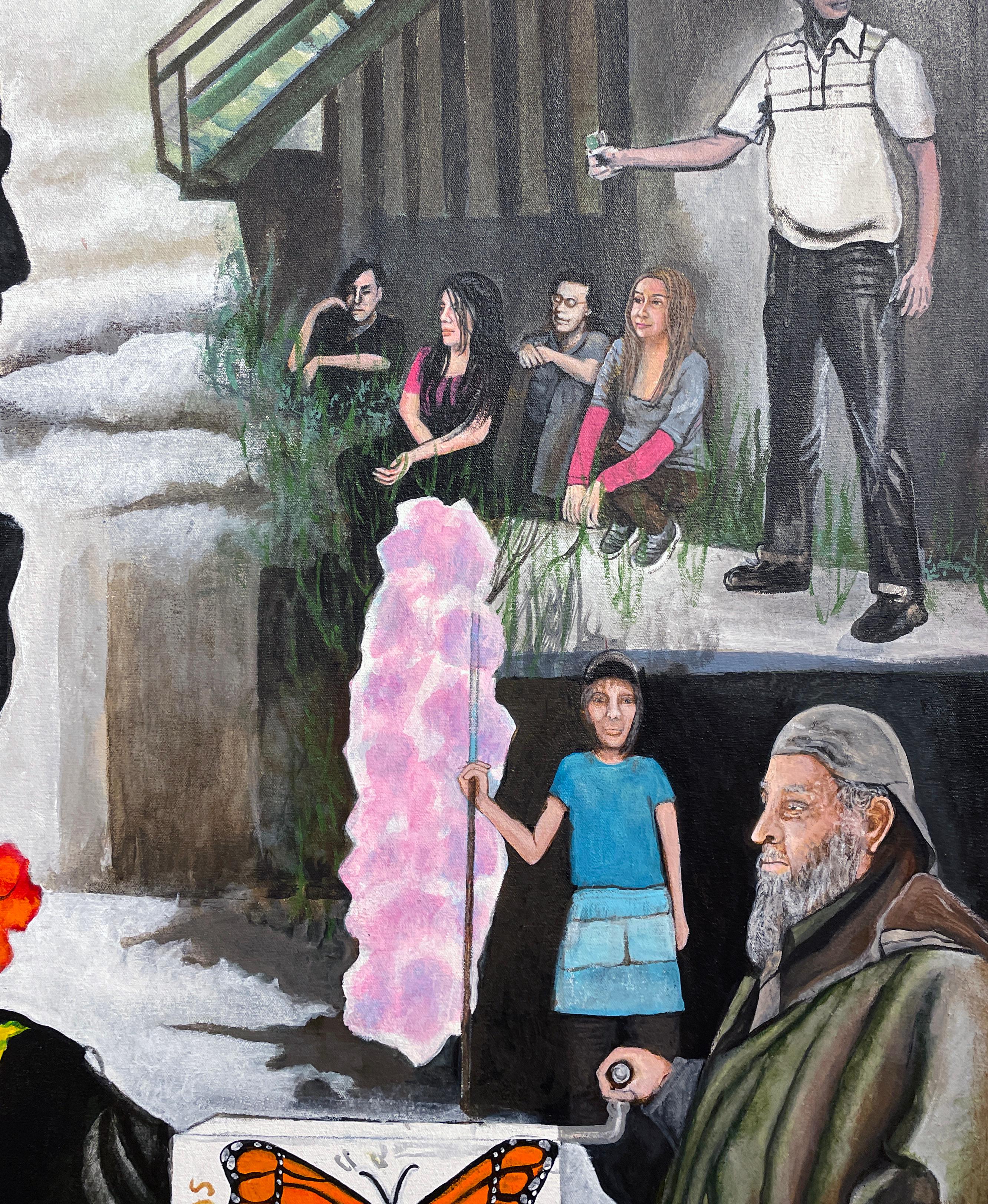 This large scale painting is a collection of stories retelling the trials and tribulations of Chicago's Hispanic community the artist has been connected to for his entire life.  The surrealist landscape depicts several Chicago neighborhoods