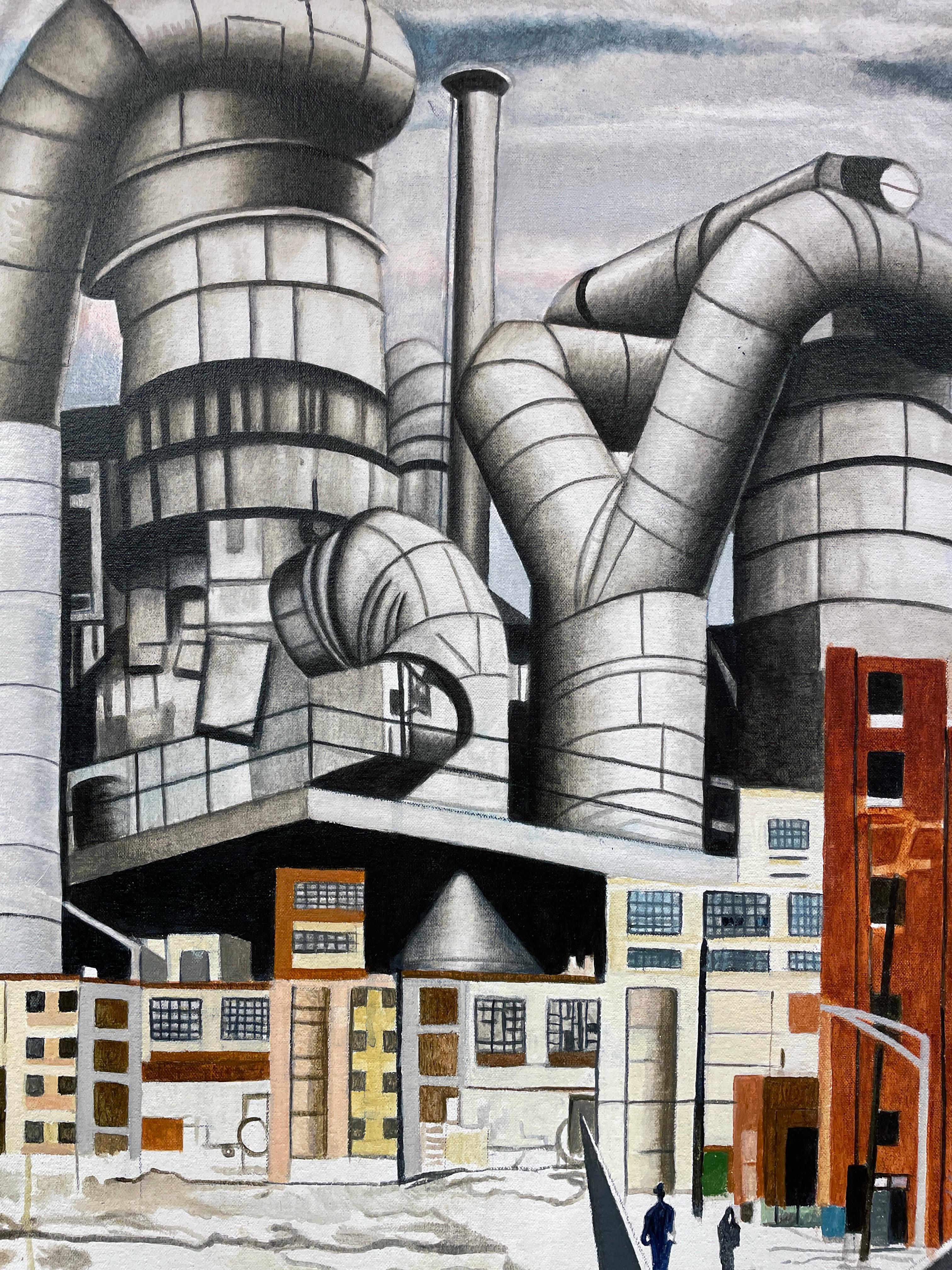 RSI - Pintura surrealista de paisaje del lado oeste de Chicago con fábrica y figura - Landscape Painting Gris de Marcos Raya