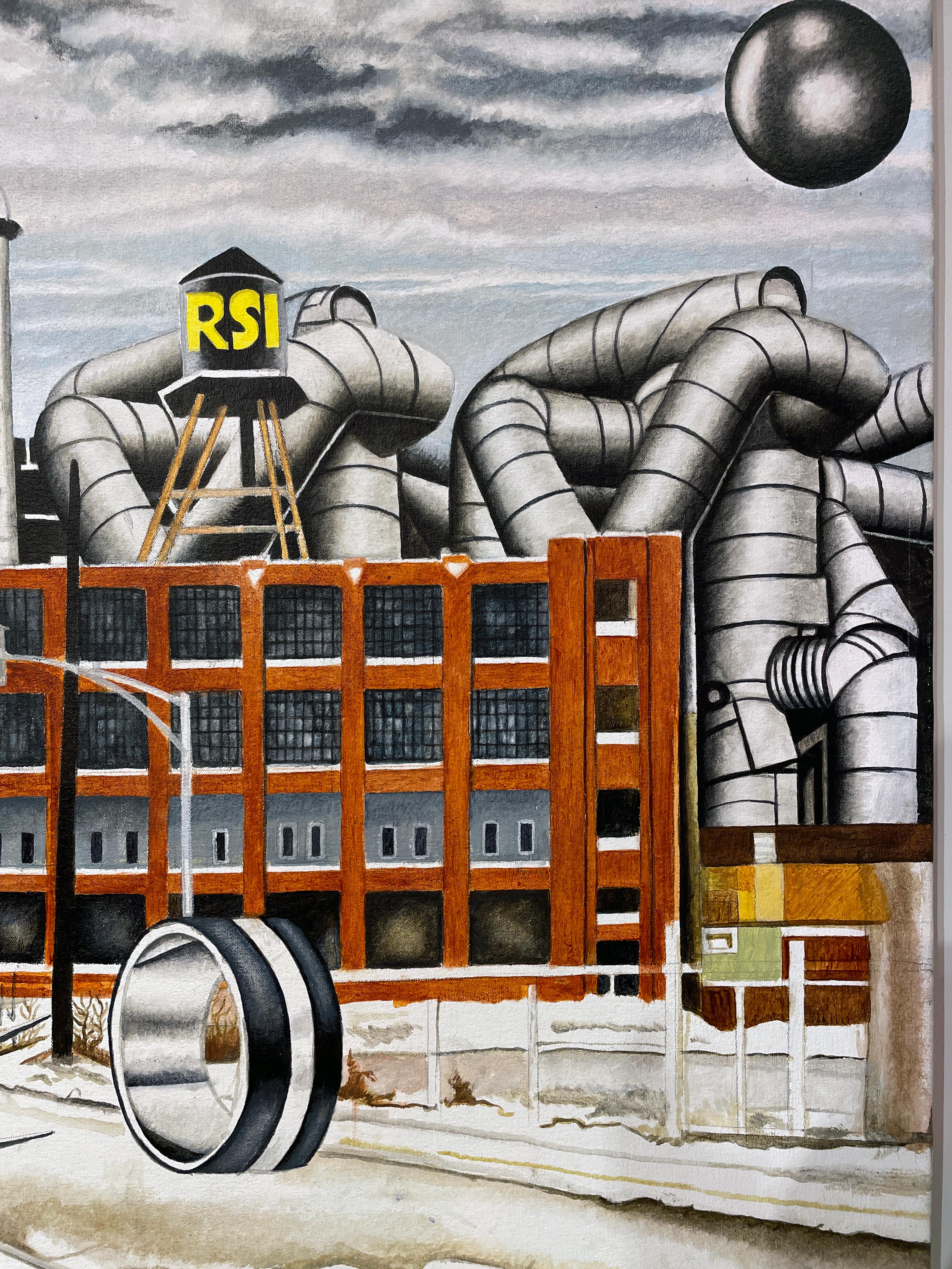 RSI - Surrealist West Side Chicago Landscape Painting with Factory and Figure For Sale 1