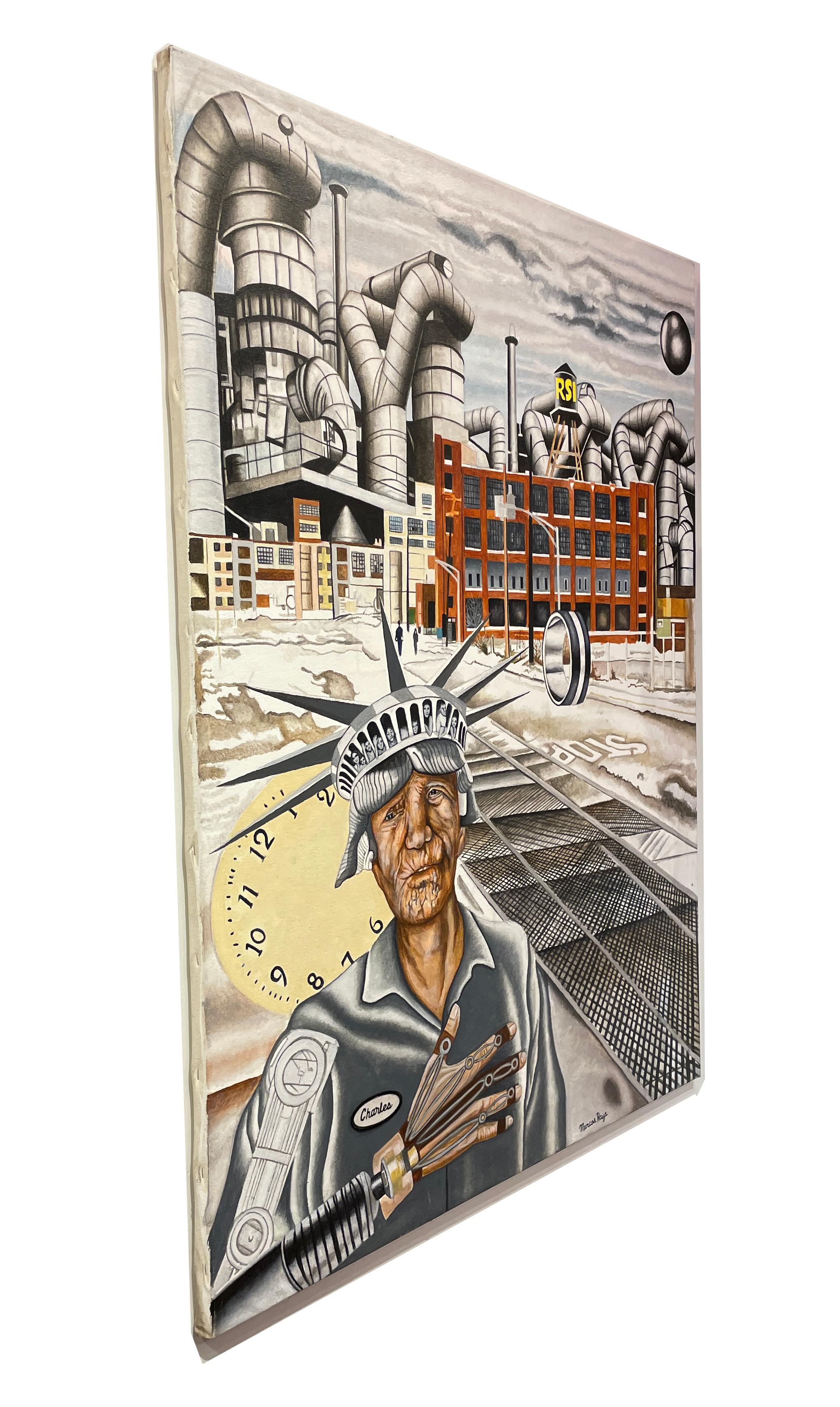 RSI - Surrealist West Side Chicago Landscape Painting with Factory and Figure For Sale 4